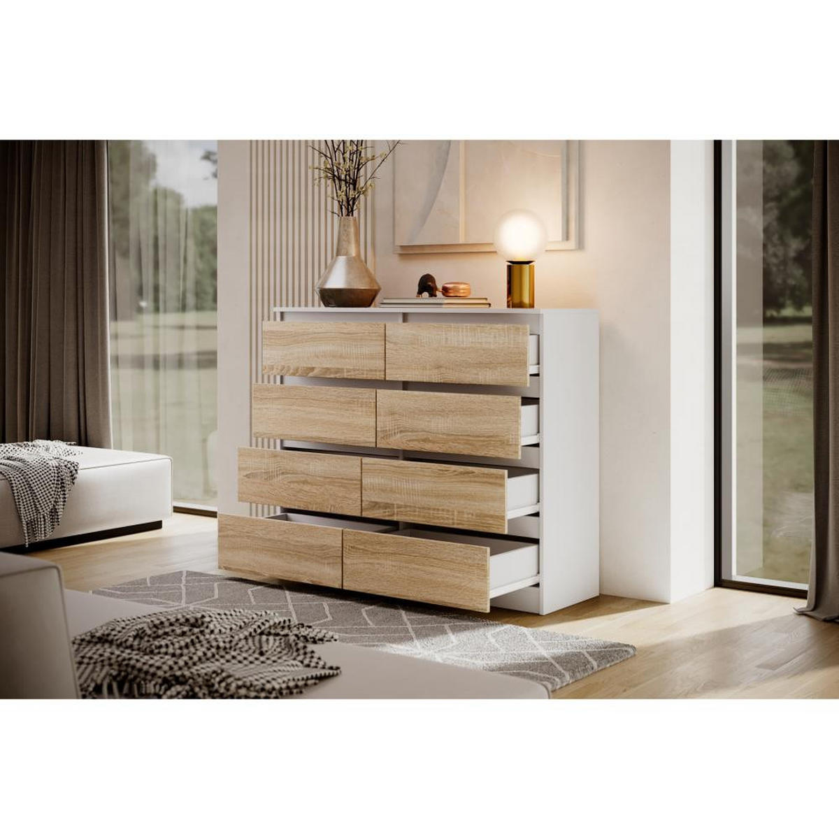 KOMMODE Lemon 120 cm mit acht Schubladen weiß/eiche Sonoma - Weiß/Sonoma Eiche, Holzwerkstoff (120/101.5/39cm) - Beautysofa