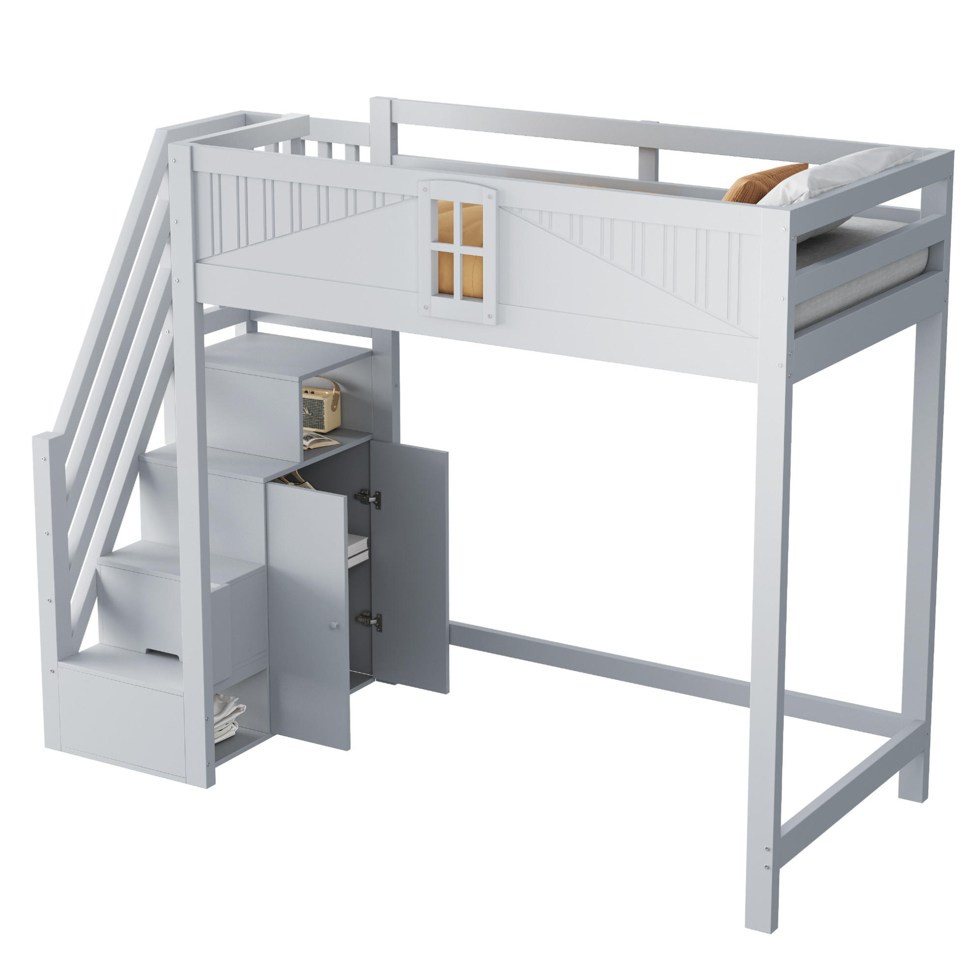 VISOKA postelja 90/200 cm siva z zamenljivo lestvijo in stranskim shranjevanjem iz lesa - siva, leseni material (90/200cm) - OKWISH