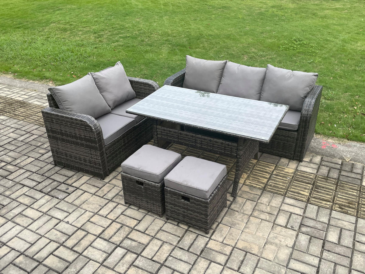 GARTENMÖBELSET mit Esstisch,Zweisitzer,Hocker Polyrattan Dunkelgrau 7-Sitzer - Dunkelgrau/Grau, Glas/Kunststoff - Fimous