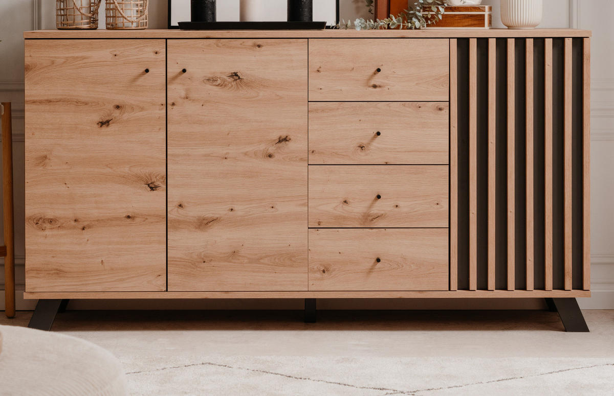 SIDEBOARD Eiche Artisan, grau 160 cm, Kommode im Industrial Design - Anthrazit/Schwarz, Holzwerkstoff/Metall (160/85/40cm) - Furn.Design