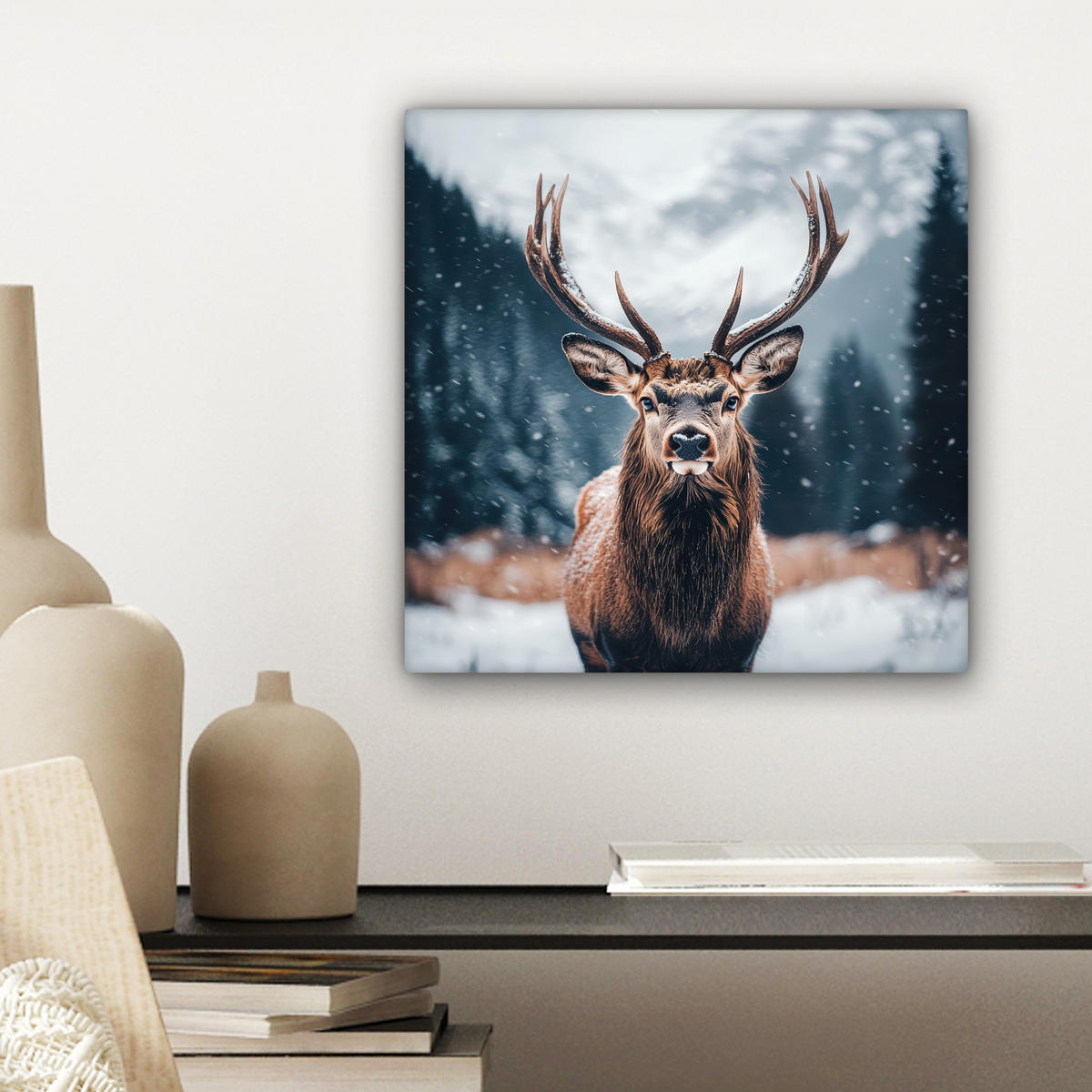 LEINWANDBILD Hirsche - Tiere - Landschaft - Winter - Schnee Deko Wohnzimmer 20x20 cm - Kastanienfarben, Textil (20/20cm) - MuchoWow