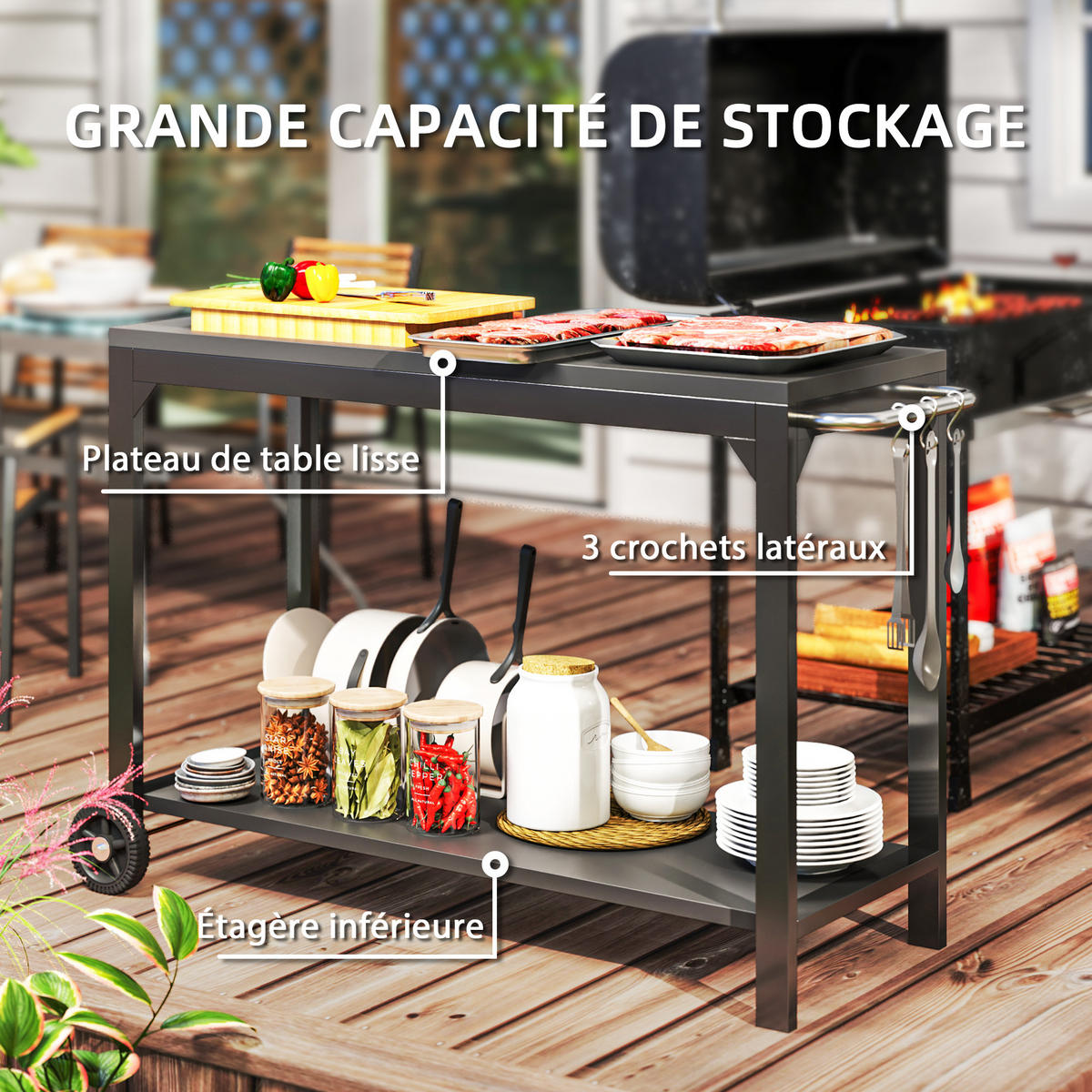 GRILLWAGEN DE-13779 mit Arbeitsplatte und Rollen Schwarz - Schwarz, Metall (55/86.5/135cm) - ComfortXL