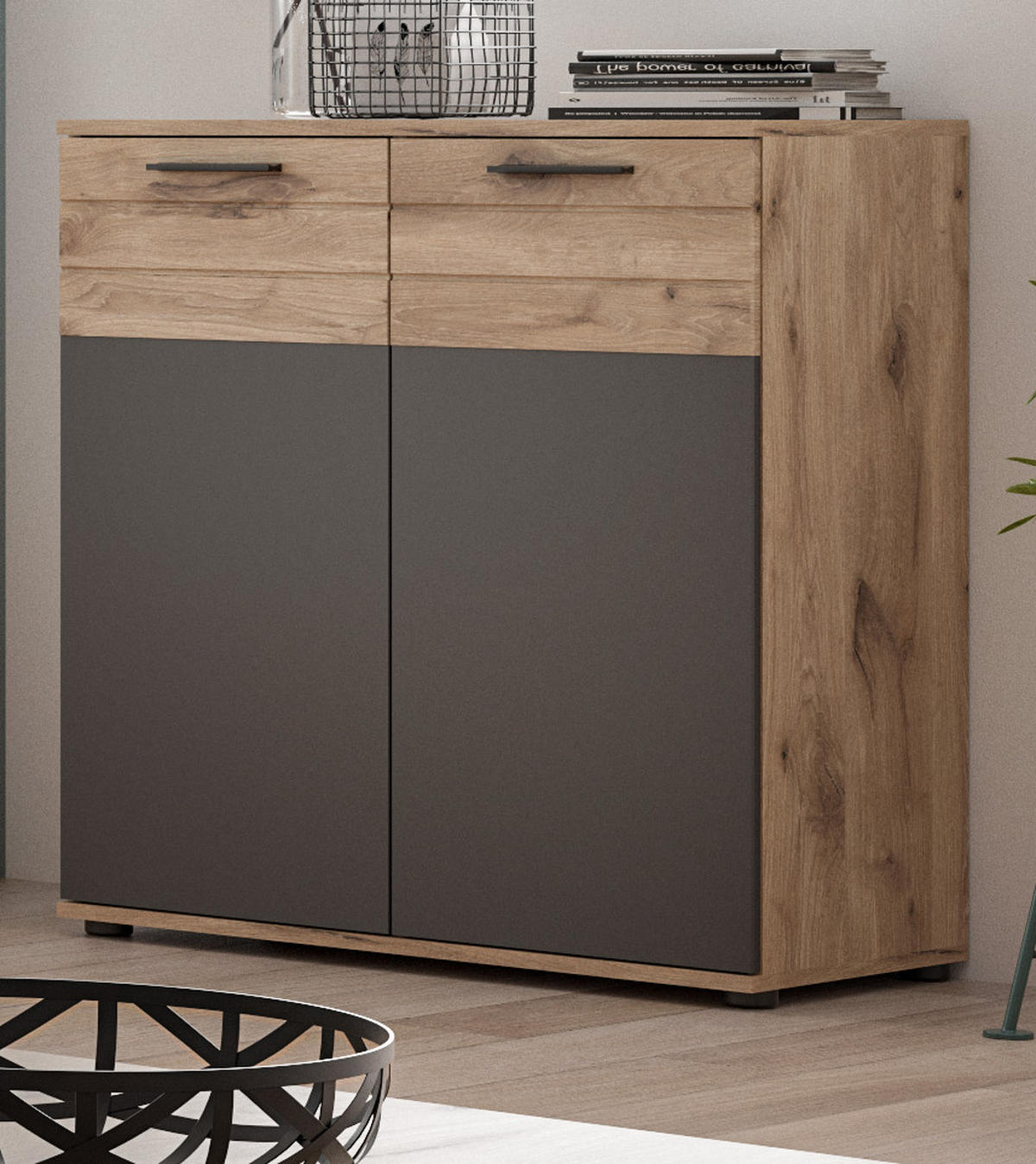 KOMMODE Eiche, grau 80 cm, Sideboard mit Soft-Close, Wohn- und Esszimmermöbel - Eichefarben/Schwarz, Holzwerkstoff/Kunststoff (80/87/40cm) - Inn.Furn
