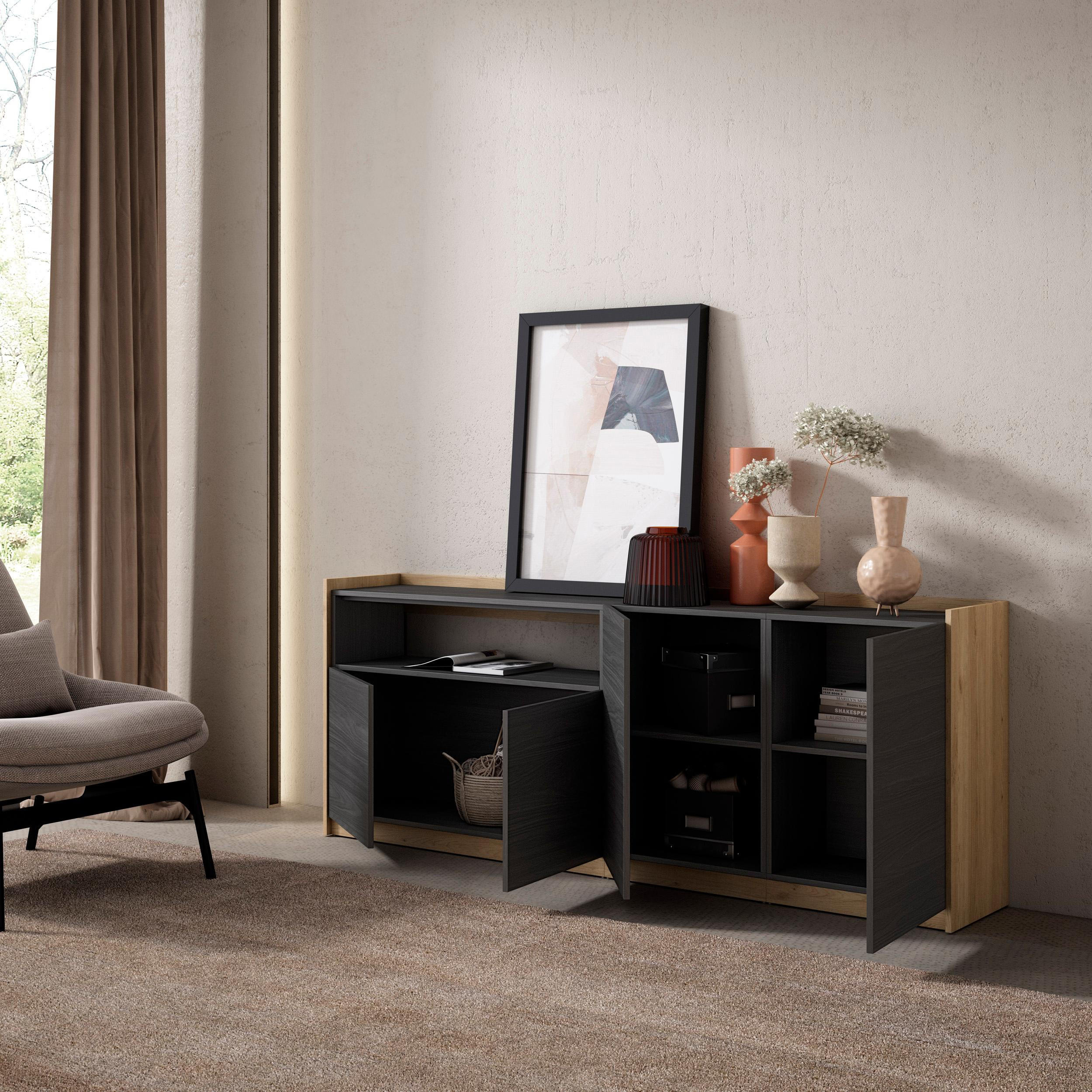 SIDEBOARD, Highboard, Schwarz Eiche, 207/37/80cm - Schwarz, Holzwerkstoff (207/80/37cm) - Skraut Home