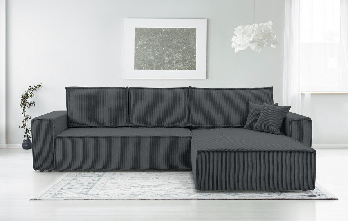 ECKSOFA L Form Cedria Grey 287/145/85 cm mit Schlaffunktion - Schwarz/Grau, Kunststoff/Textil (287/145cm) - AX Living