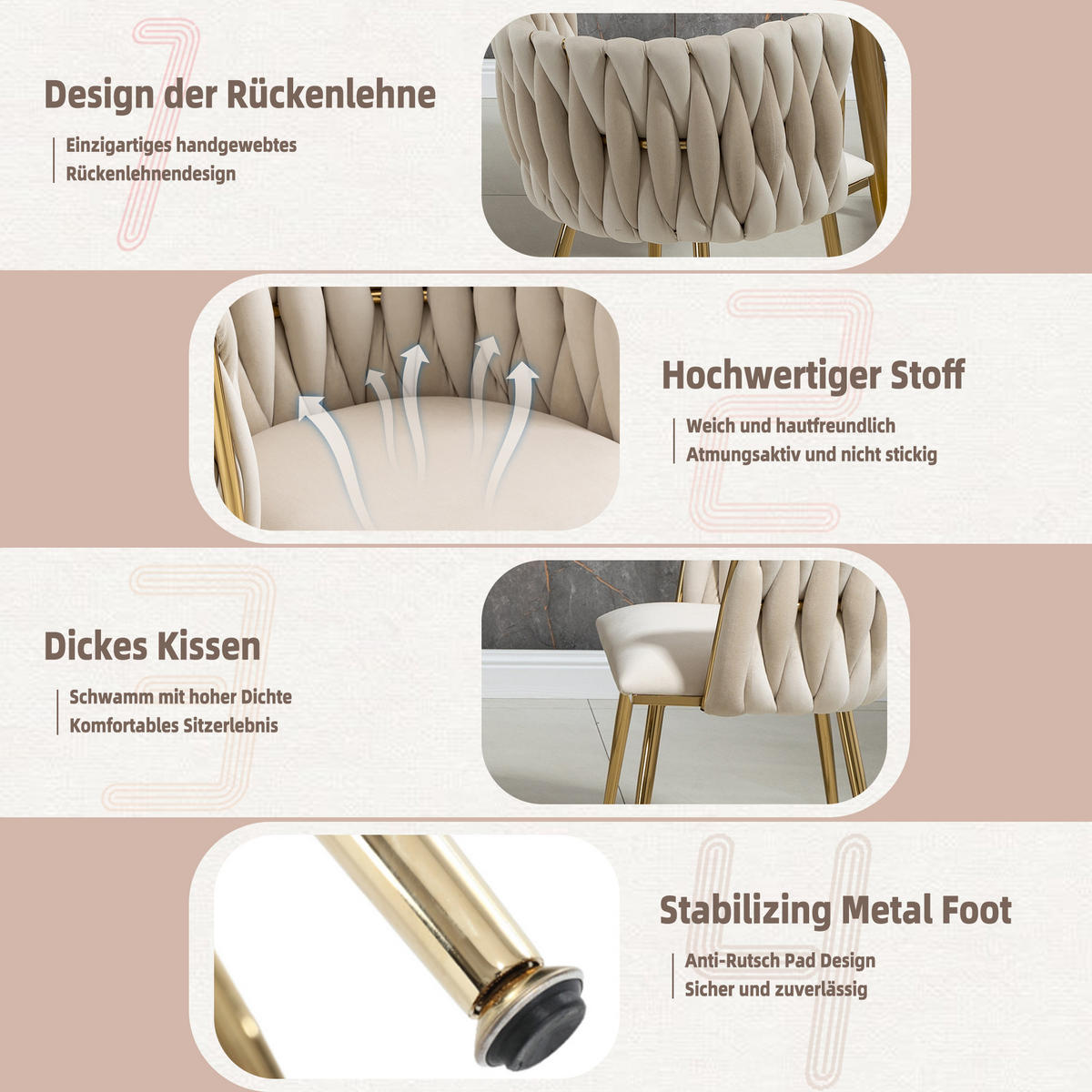 ESSZIMMERSTÜHLE 2er Set Samtbezug mit Metallrahmen - Beige/Goldfarben, Textil/Metall (55.5/74/50cm) - LVHOM