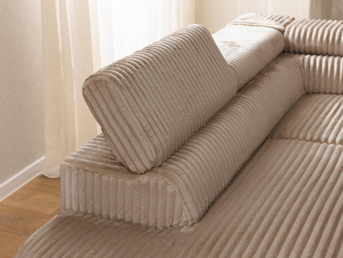 ECKSOFA mit Schlaffunktion und Bettkasten Bonnie aus Beige Cord-Stoff mit verstellbaren Kopfstützen und Armlehne - Ottomane links - Ecru/Beige, Holz/Textil (275/210cm) - S-Style Möbel