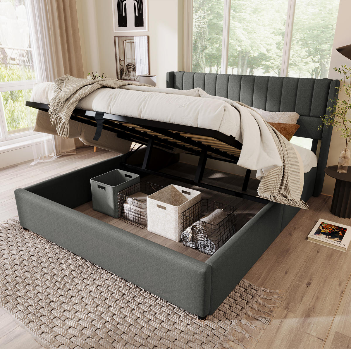 BETT mit Bettkasten 140x200 cm Leinen Grau - Grau, Metall (140/200cm) - Meubliv