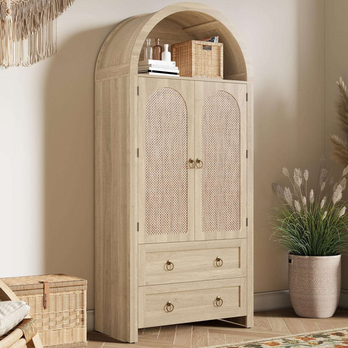 KOMMODE 80/40/180 cm aus MDF mit Rattangeflecht und verstellbaren Regalböden Eichefarben - Eichefarben, Holzwerkstoff (80/180/40cm) - Modenvie