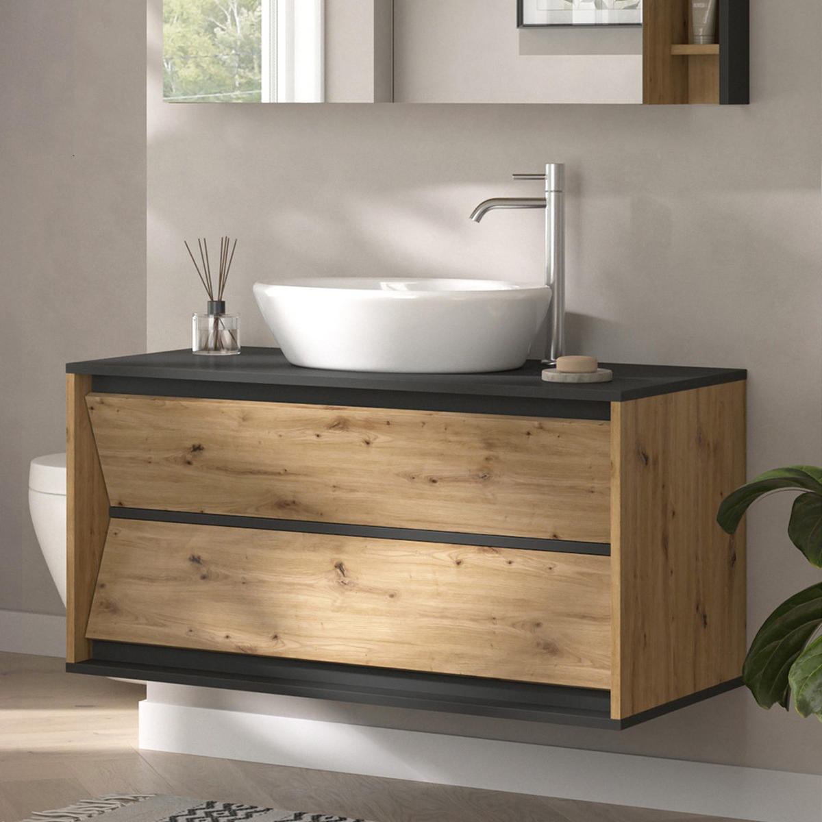 WASCHBECKENUNTERSCHRANK Edelin Anthrazit/Artisan 100 x 50 cm mit 2 Schubladen - Anthrazit/Eiche Artisan, Holzwerkstoff (100/50/45cm) - Vicco