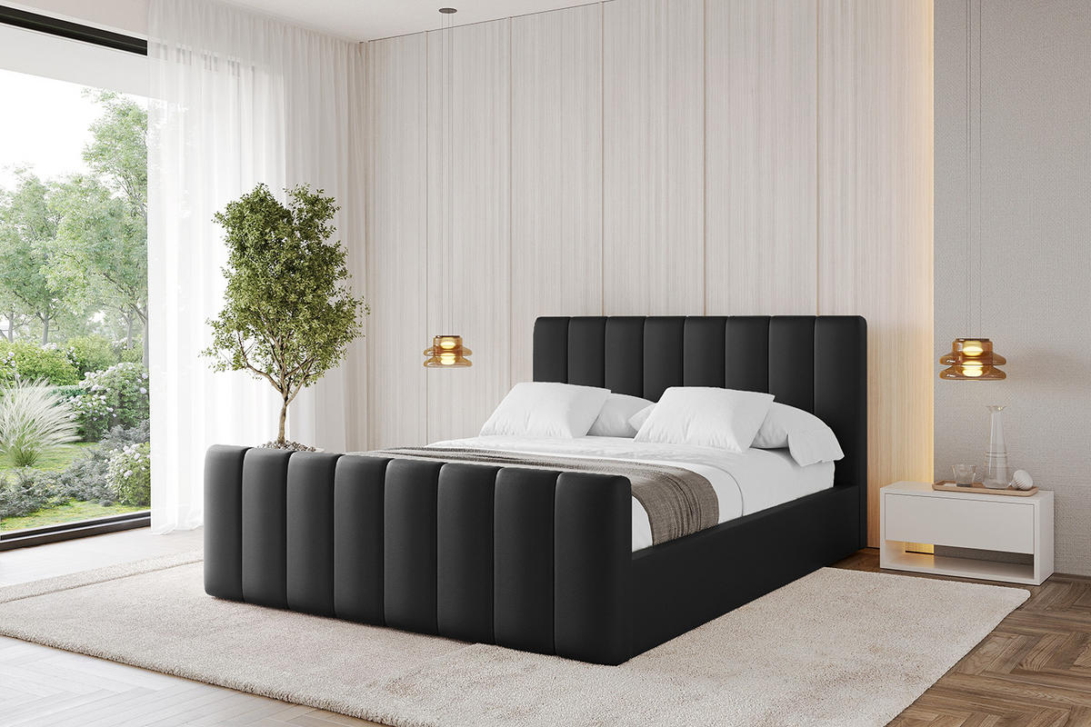 POLSTERBETT mit Bettkasten, Fußteil und Lattenrost, Boxbett ohne Matratze - STERA-Z 180x200 Schwarz Kunstleder - Schwarz Hochglanz, Holzwerkstoff/Textil (180/200cm) - ALTDECOR
