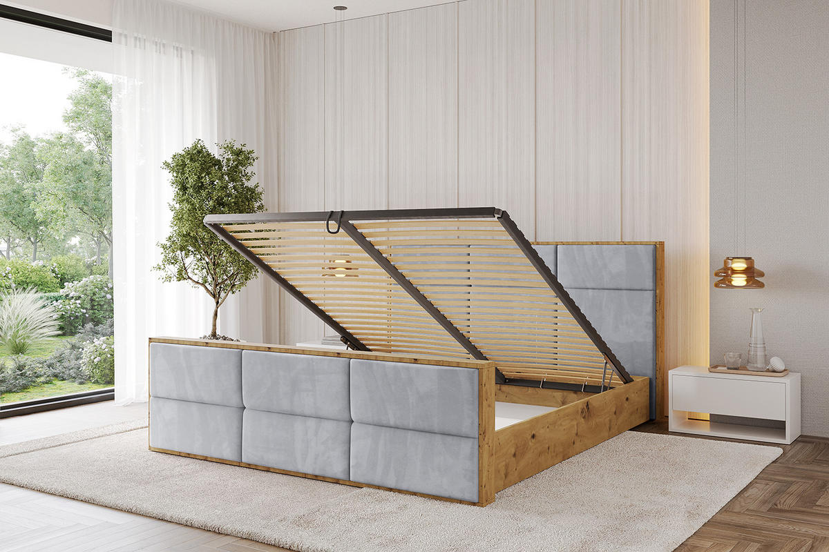 POLSTERBETT mit Bettkasten, Fußteil und Lattenrost, Boxbett mit Matratze H3/H4 - ENZO1-Z 120x200 Hellgrau - Hellgrau, Holzwerkstoff/Textil (120/200cm) - ALTDECOR