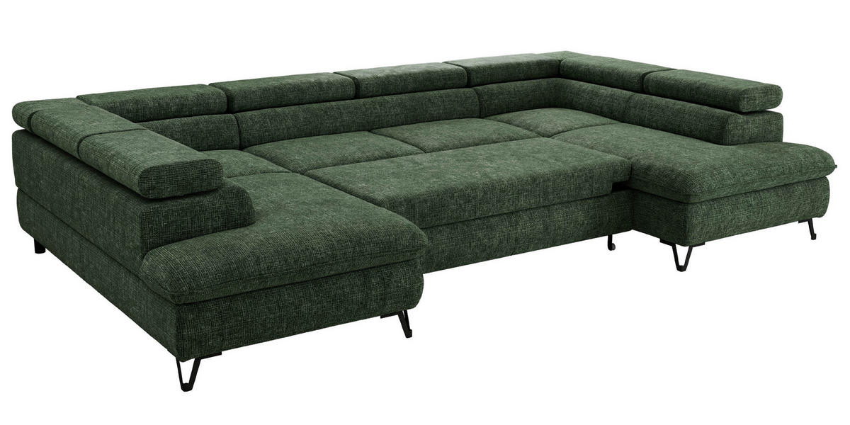 WOHNLANDSCHAFT PABLO U Schenille grob gewebt Dunkelgrün mit Topper Visco - Dunkelgrün/Schwarz, Textil/Metall (346/76/208cm) - MKS