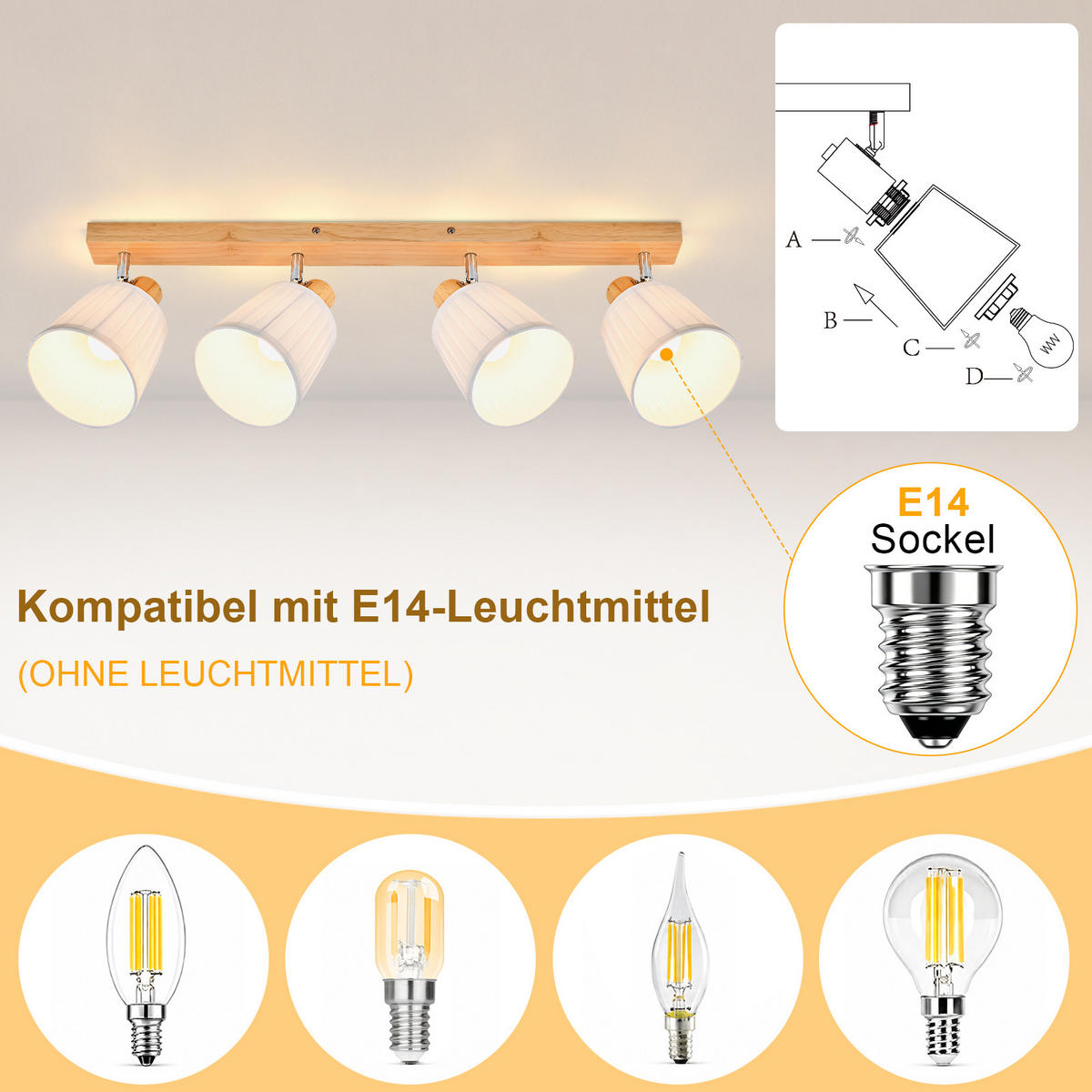 DECKENSTRAHLER Fyrith 66.5/13/19 cm - Weiß/Braun, Holz/Textil (66.5/13/19cm) - ZMH