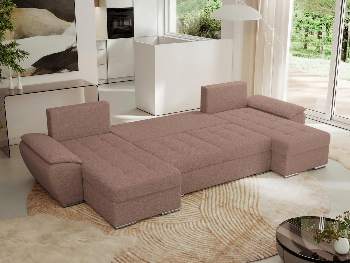WOHNLANDSCHAFT UMBRIA U Rosa Boucle - Rosa/Grau, Textil/Metall (336/85/157cm) - MKS