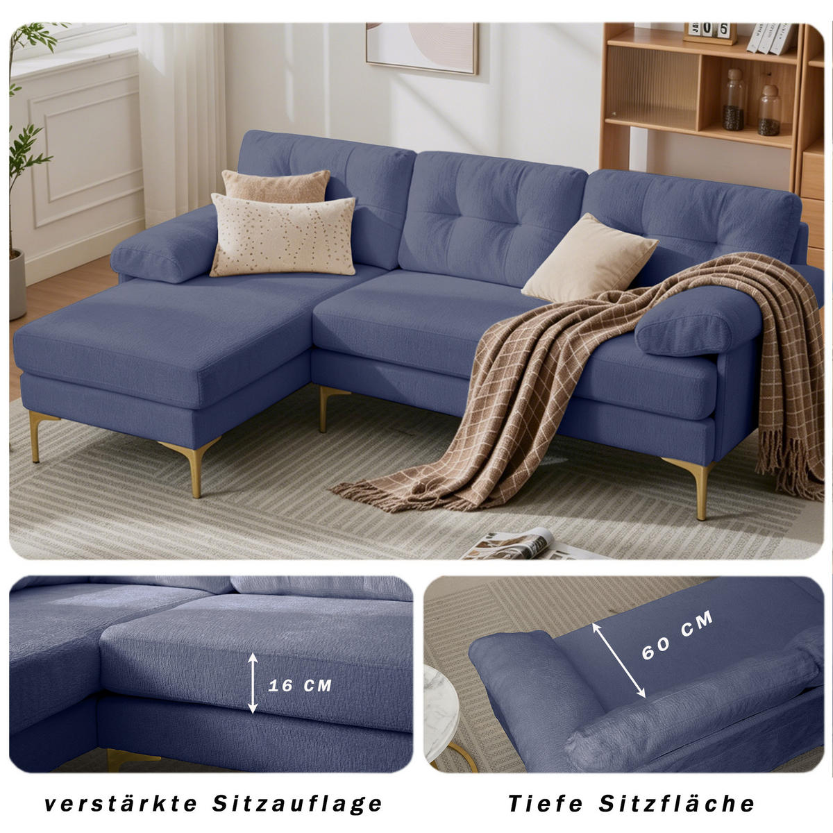 ECKSOFA 187.5/130/79 cm Blau mit 3 Sitzkissen und Stuhlbeine aus Metall - Blau, Textil (130/79/187.5cm) - Oxeza