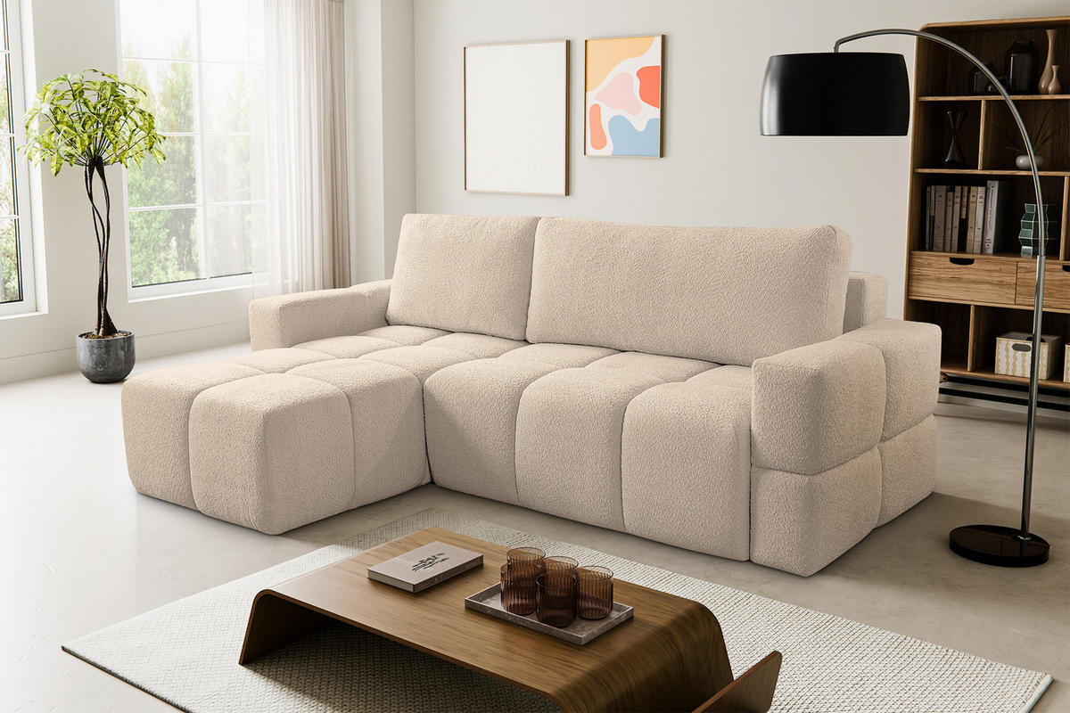 ECKSOFA LUSSO mit Schlaffunktion und Bettkasten, Farbe: Hellbraun, Bouclé-Stoff, Ottomane Universal - Hellbraun, Textil (255/165cm)