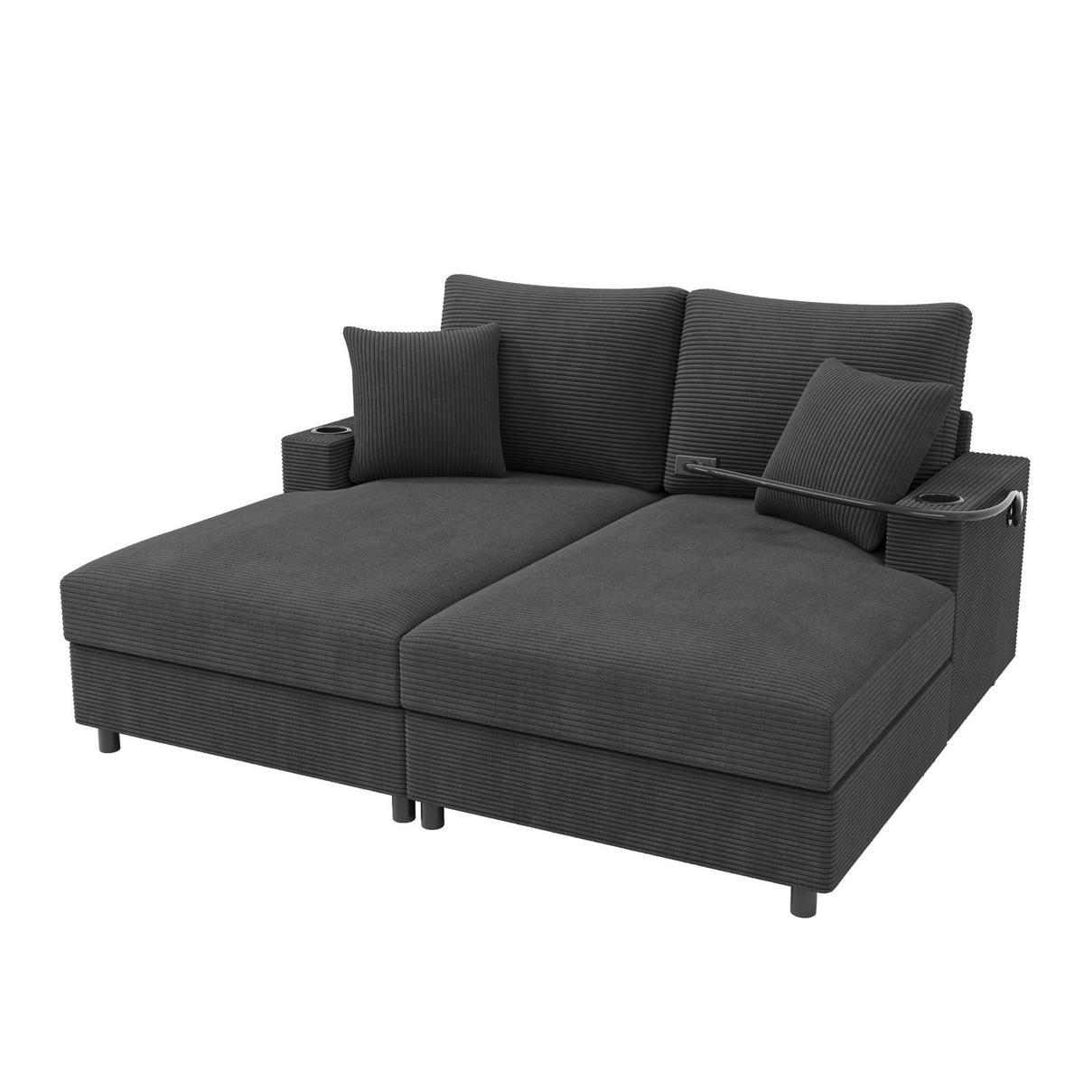 2-SITZER Schlafsofa Cord mit USB-Anschluss und Getränkehaltern Grau 163/140/82 cm - Grau, Textil (140/82/163cm) - Redom