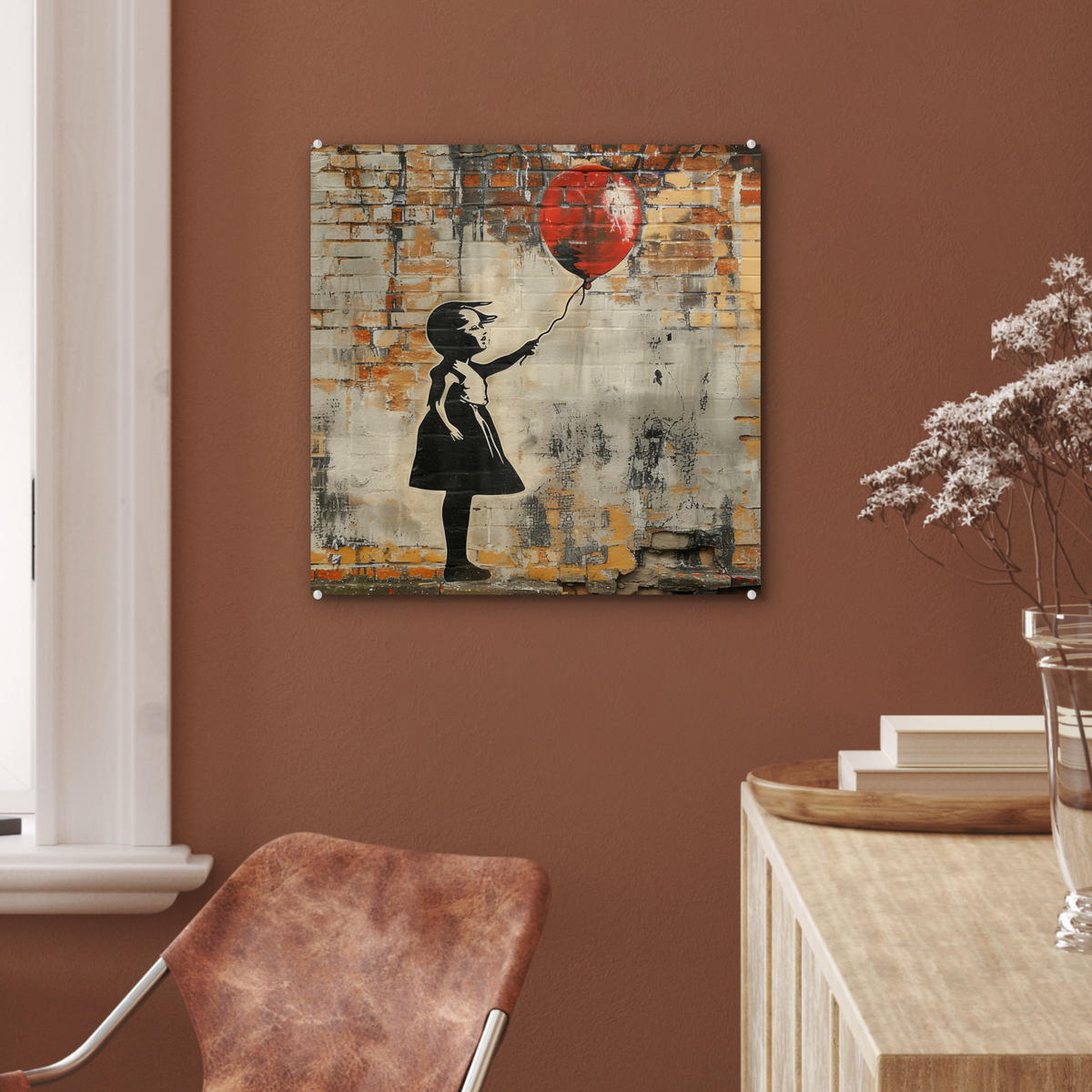 ACRYLGLASBILD Graffiti - Banksy - Mädchen - Straßenkunst 50x50 cm - Sandfarben, Glas (50/50cm) - MuchoWow