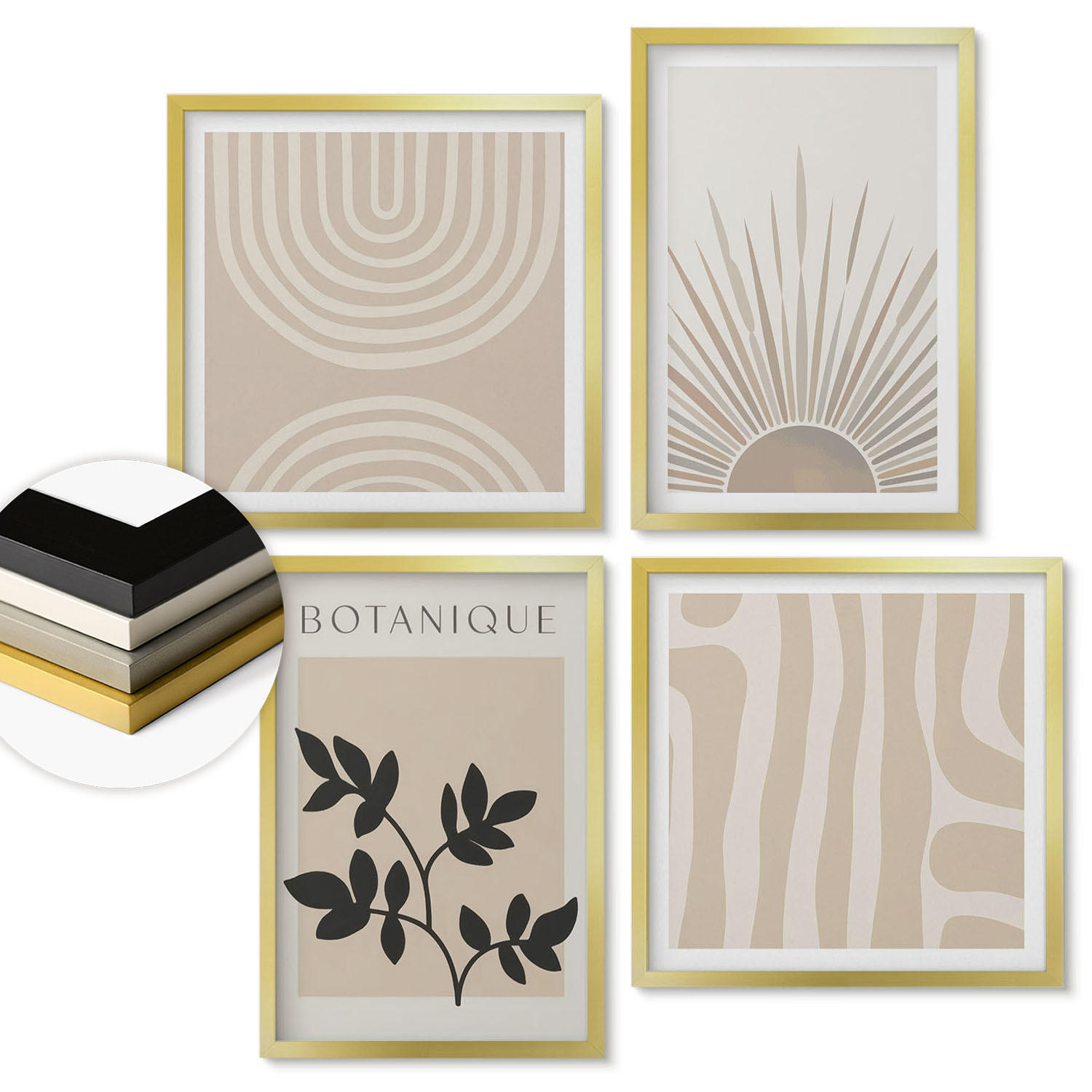 WANDBILDER 4er Set - 50x50 cm & 40x60 cm Goldrahmen - Abstrakte Pflanzenmuster - Goldfarben, Kunststoff (50/50cm) - ArtPrintCave