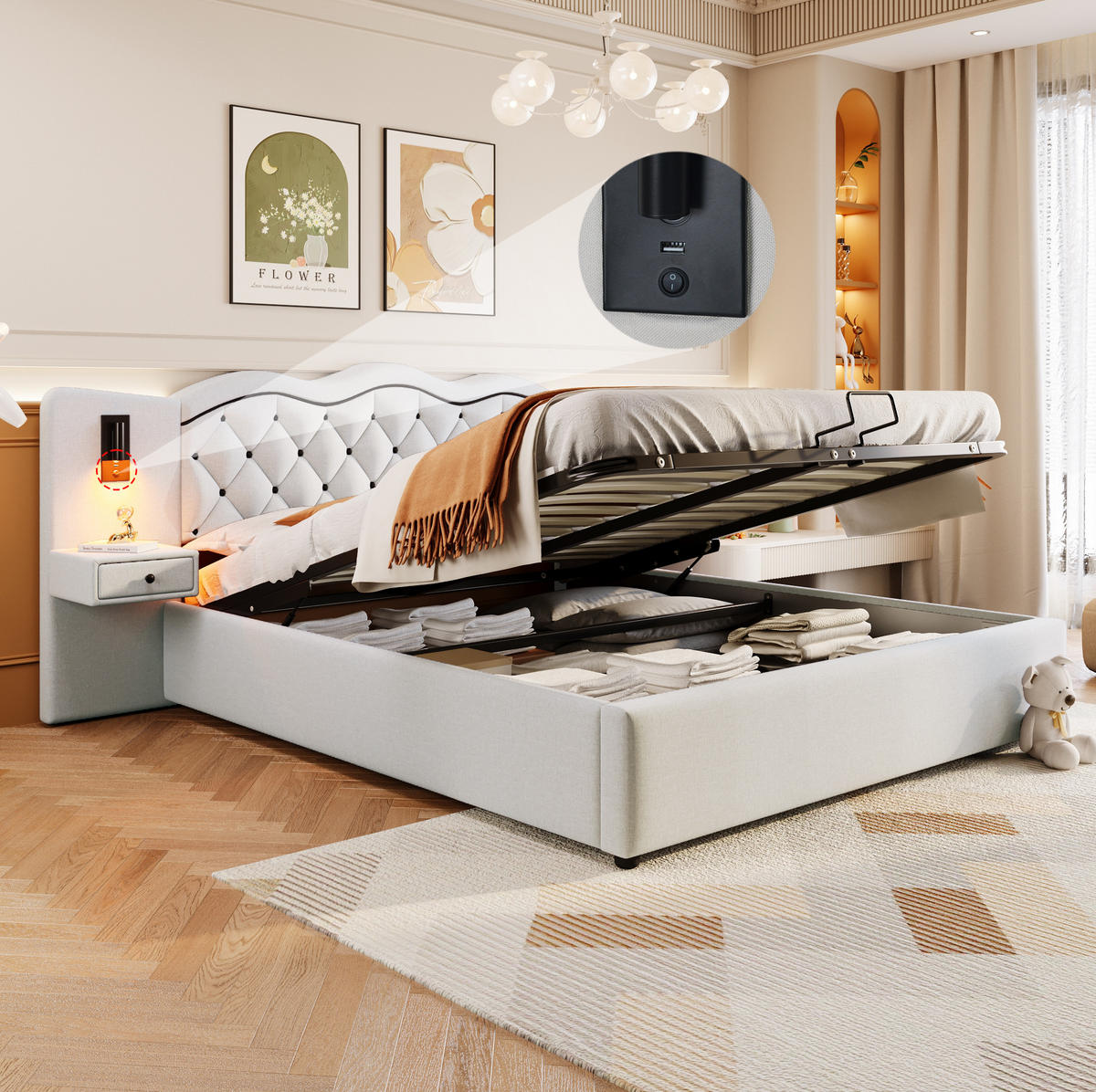 POLSTERBETT 180/200 cm mit USB-Anschluss, Beleuchtung und hydraulischem Bettkasten aus Leinenimitat/MDF, Beige - Beige, Textil (180/200cm) - Redom