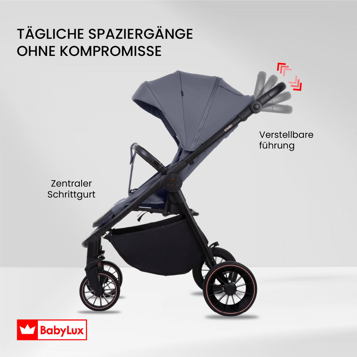 BUGGY Rombo, Klein und Leicht, Teleskopische Führung, Kompakt Faltbar, Wickeltasche, Reisetasche - Schwarz/Grau, Textil/Metall (58/98cm) - BabyLux