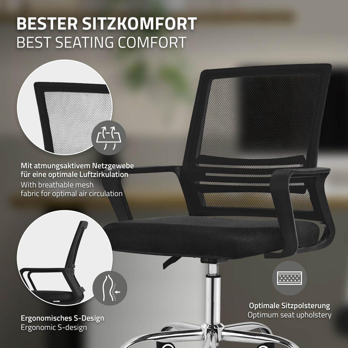 ERGONOMICKÁ kancelářská židle, černá, s síťovým opěradlem a ocelovou konstrukcí - černá/chromová, kov/textil (59/100/58cm) - ML-DESIGN