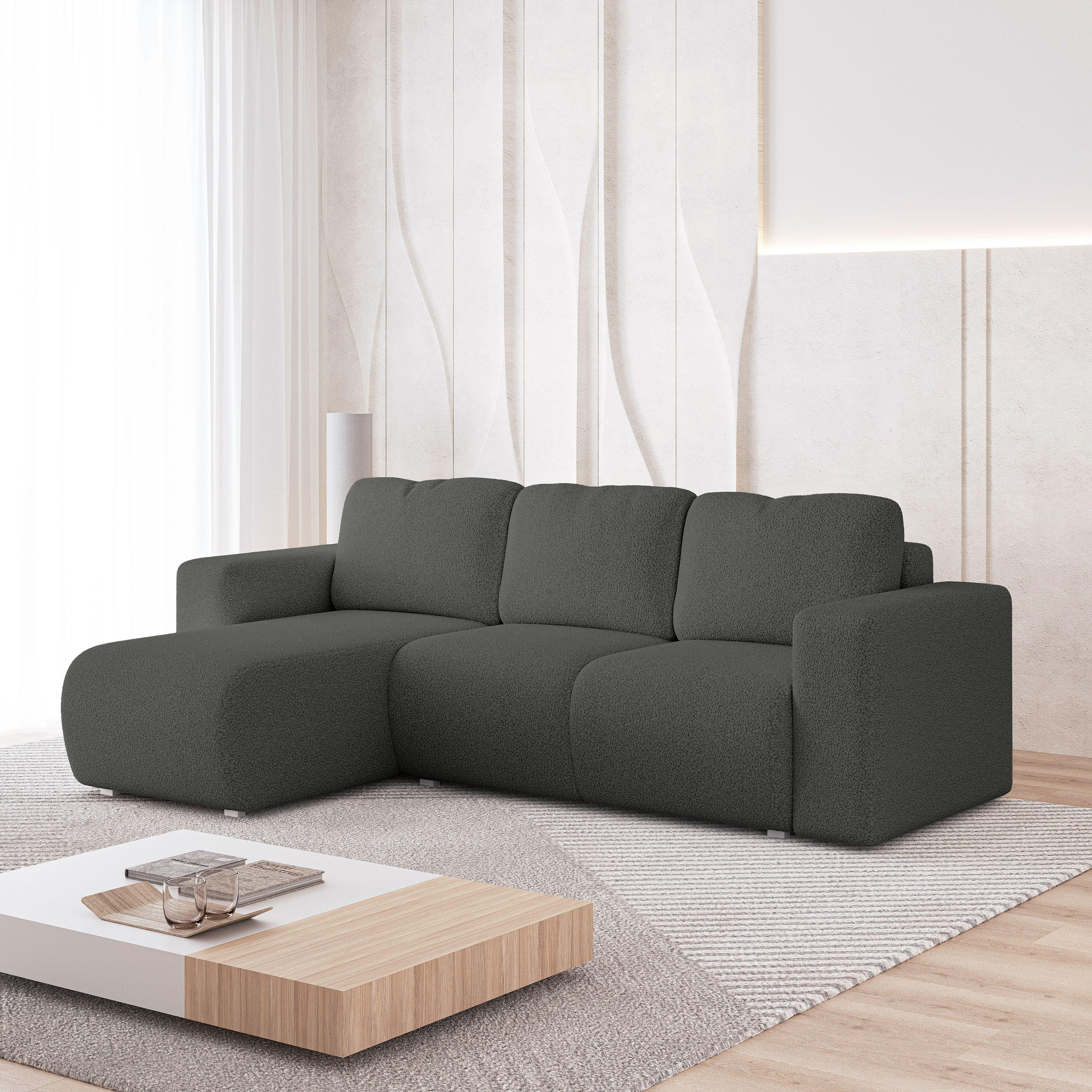 ECKSOFA RINOVA Grau Boucle-Stoff mit Schlaffunktion - Grau, Holz (250/143cm) - MASSENO