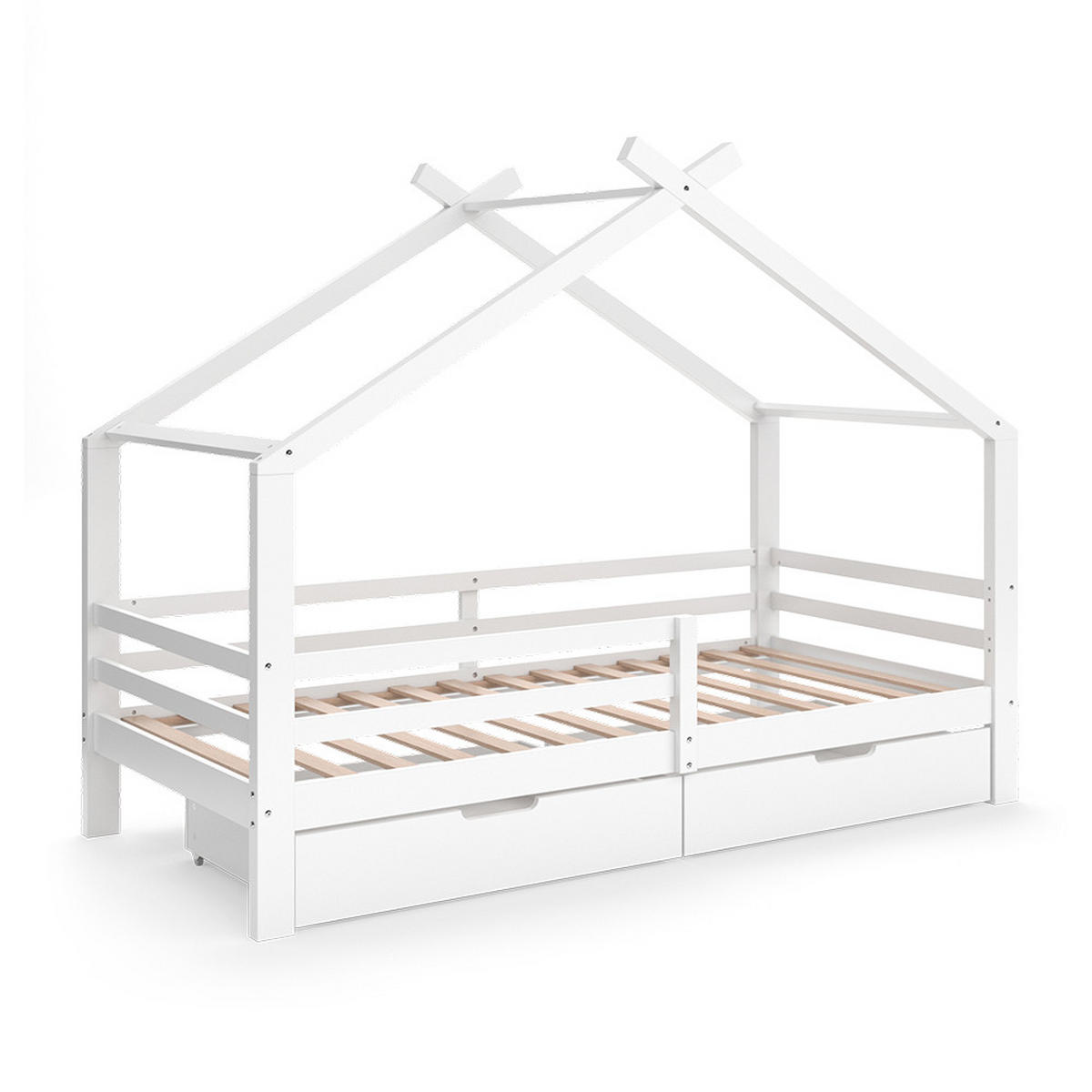 HAUSBETT Luni Weiß 200 x 90 cm mit zwei ausziehbaren Aufbewahrungskästen - Weiß, Holz - VitaliSpa