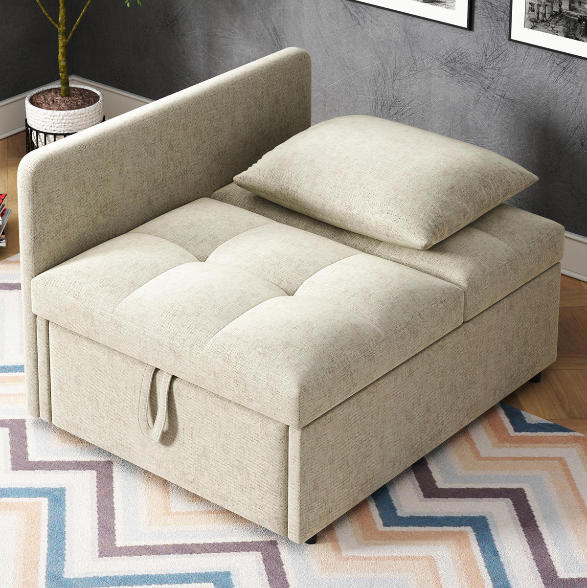 SCHLAFSOFA 3-in-1 Leinenstoff mit 5-fach verstellbarer Rückenlehne Beige 177/68/65 cm - Beige, Textil (68/65/177cm) - Redom