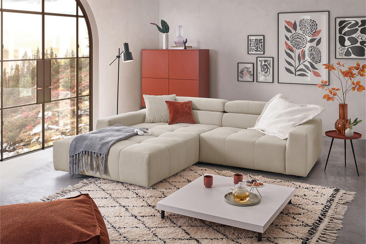 ECKSOFA MIT MOTORISCHEM SITZVORZUG RENO Beige Cord - Beige/Schwarz, Kunststoff/Textil (258/217cm) - KAWOLA