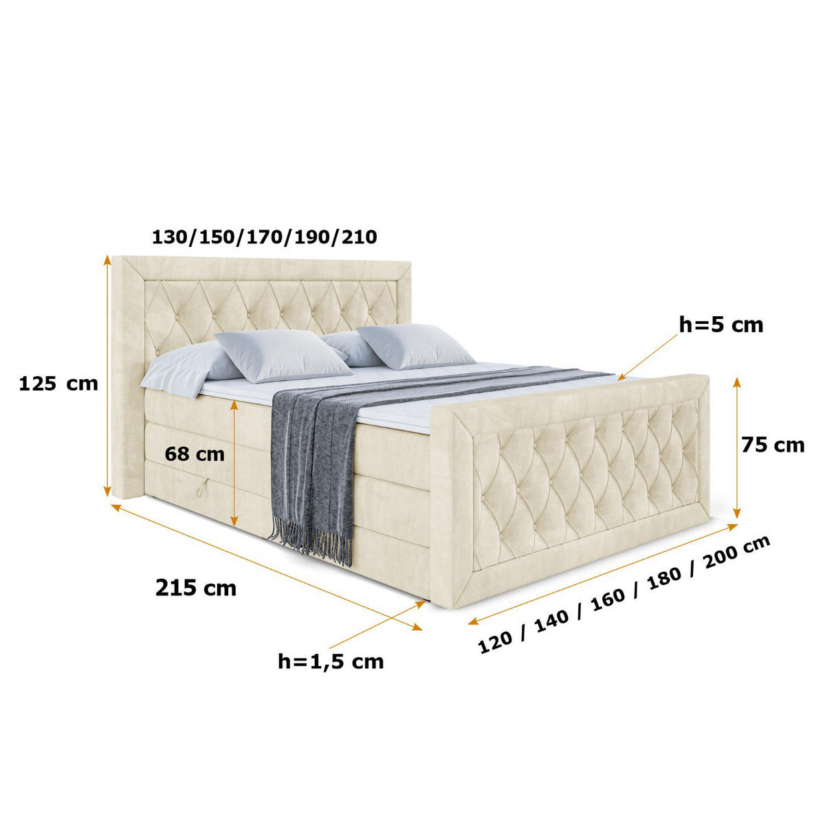 BOXSPRINGBETT NOEL-Z KING - 120 x 200 - H3/H4 - Beige - Beige, Holzwerkstoff (120/200cm) - ALTDECOR