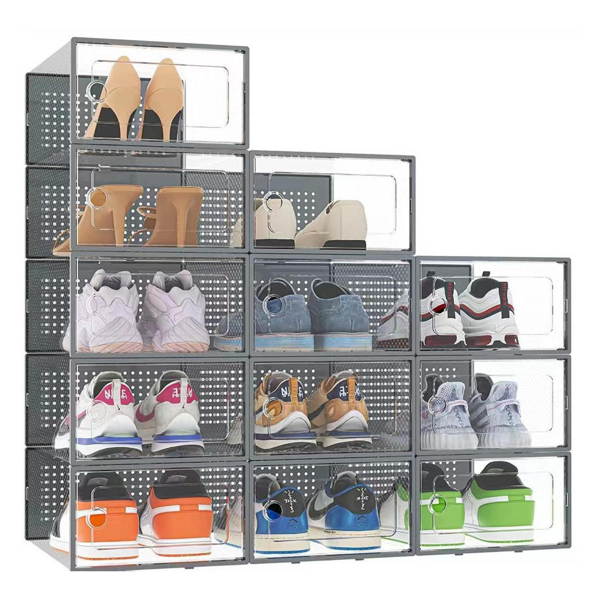 SCHUHBOXEN Kunststoff Grau 12er-set 33x23x14cm- Einfacher doppelrahmen klappbarer mehrschichtiger Aufbewahrungsständer - Grau, Kunststoff (23/14/33cm) - Livingandhome