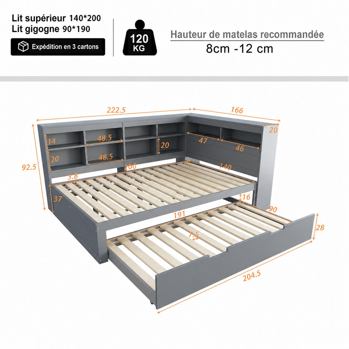 JUGENDBETT 140/200+90/190 mit USB-Steckdose und Ablagefächern in Grau - Grau, Holzwerkstoff (140/200cm) - EVRYAE