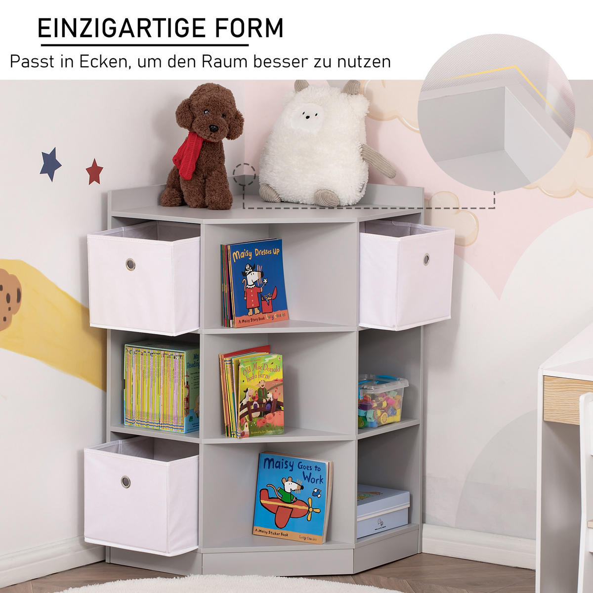 KINDERREGAL Eckregal mit 3 Aufbewahrungsboxen Kinderzimmer Spielzeugablage Grau - Grau, Holzwerkstoff/Textil (57.4/94/57.4cm) - HOMCOM