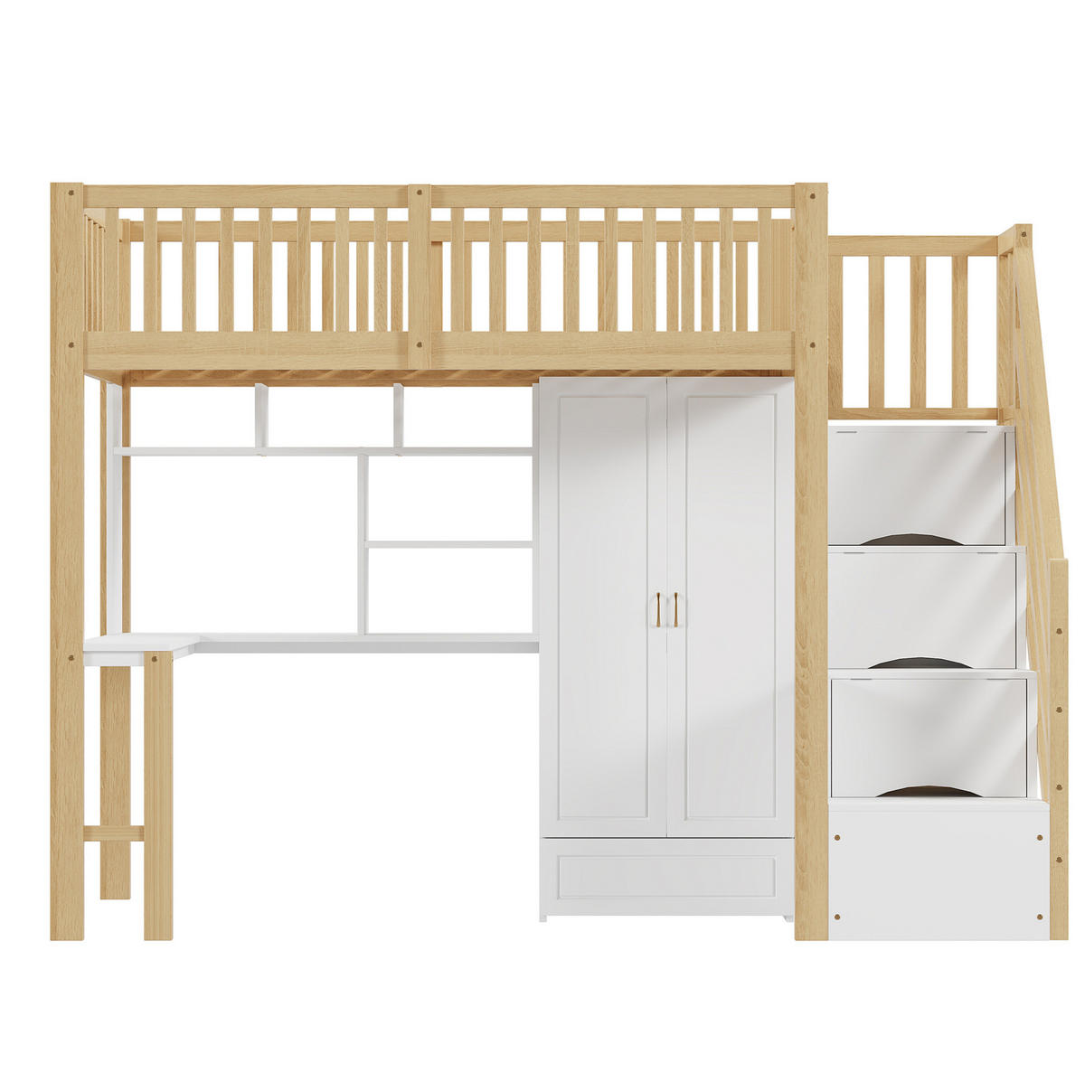 HOCHBETT 90/200 cm aus Holzwerkstoff mit Kleiderschrank, Schreibtisch, Regal und Treppe mit Schubladen, Natur/Weiß - Naturfarben, Holzwerkstoff (90/200cm) - Redom