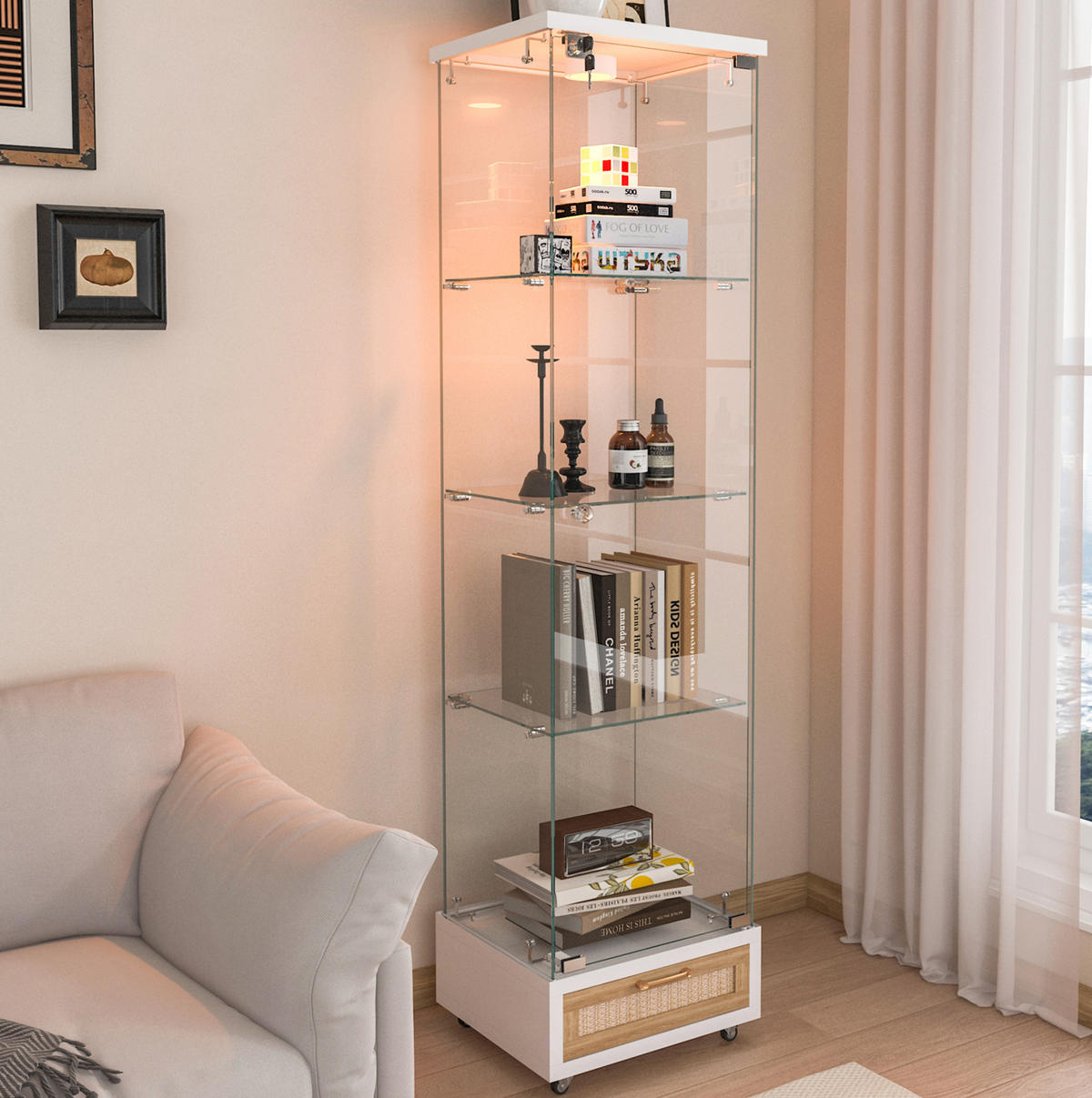 VITRINE 42,5/36,5/167 cm in Weiß mit LED-Beleuchtung und Schubladen - Weiß, Holzwerkstoff (42.5/167/36.5cm) - Flora Grace
