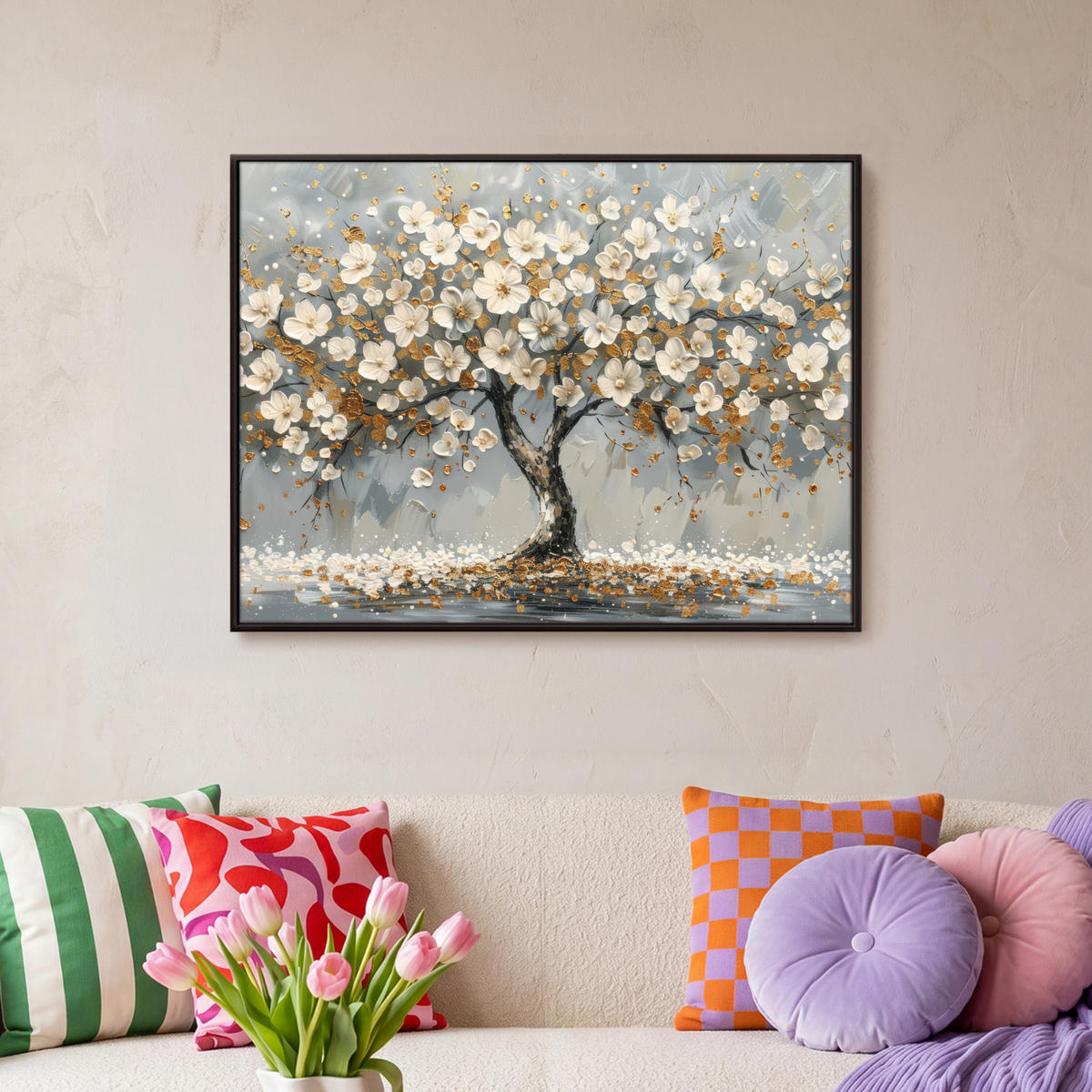 LEINWAND Bilder mit Rahmen - Baum - Blumen - Weiß - Natur - Kunst - 70x50 - Weiß, Textil (70/50cm) - MuchoWow