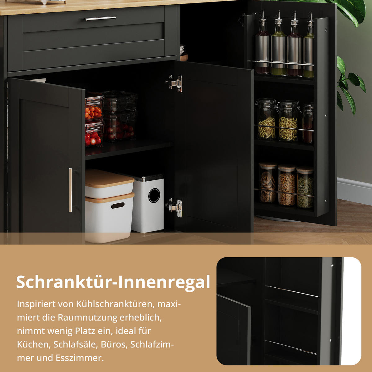 KÜCHENINSEL 132,5/90/44(70) cm Schwarz/Natur aus MDF mit klappbarer Arbeitsplatte - Schwarz, Holzwerkstoff (44/90/132.5cm) - OKMYHOME
