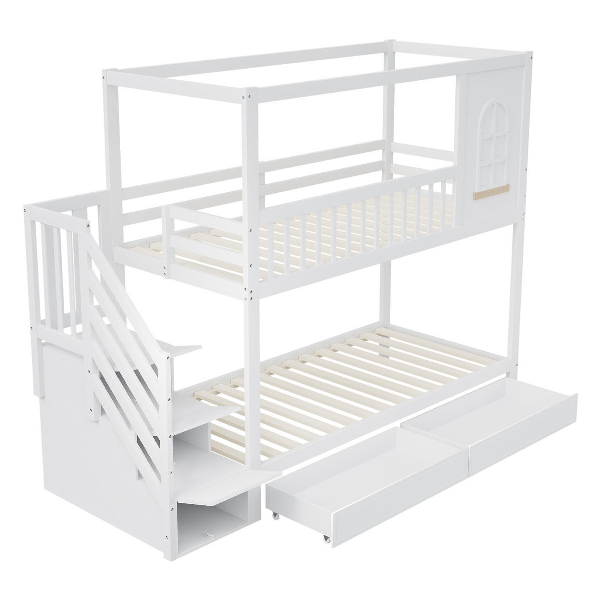 ETAGENBETT aus Massivholz 90x200 cm in Weiß mit Schubladen & Sicherheitsleiter - Weiß, Holz (90/200cm) - Modfu