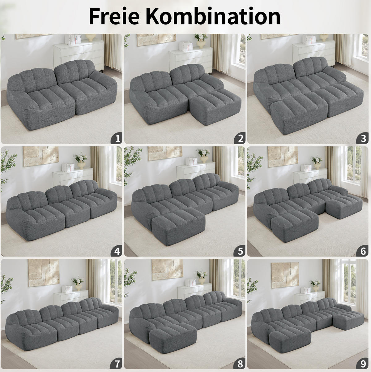 SOFA 210/165/79 cm in Grau aus granuliertem Fleece mit Ottoman - Grau, Textil (165/79/210cm) - Flora Grace