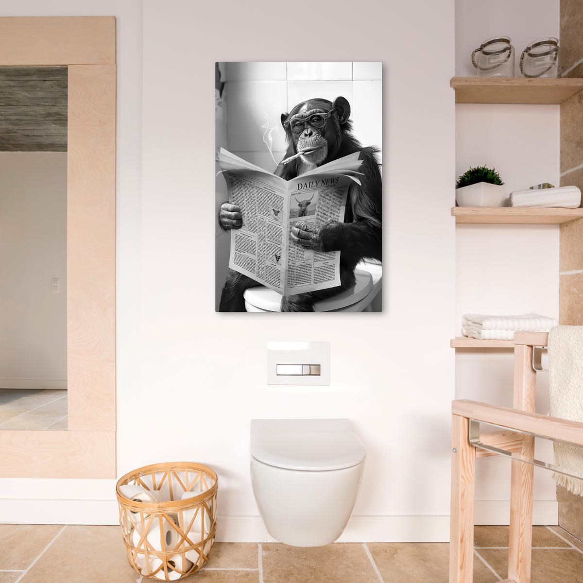 LEINWANDBILD Affe - WC - Zeitung - Schwarz-Weiß - Humor 60x90 cm - Hellgrau, Textil (60/90cm) - MuchoWow
