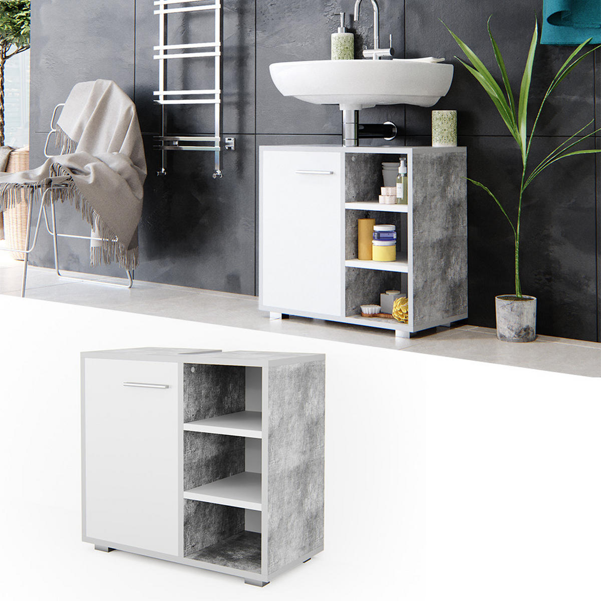 WASCHBECKENUNTERSCHRANK Perry Beton 60 x 55.6 cm - Weiß/Grau, Holzwerkstoff (60/55.6/31.1cm) - Vicco