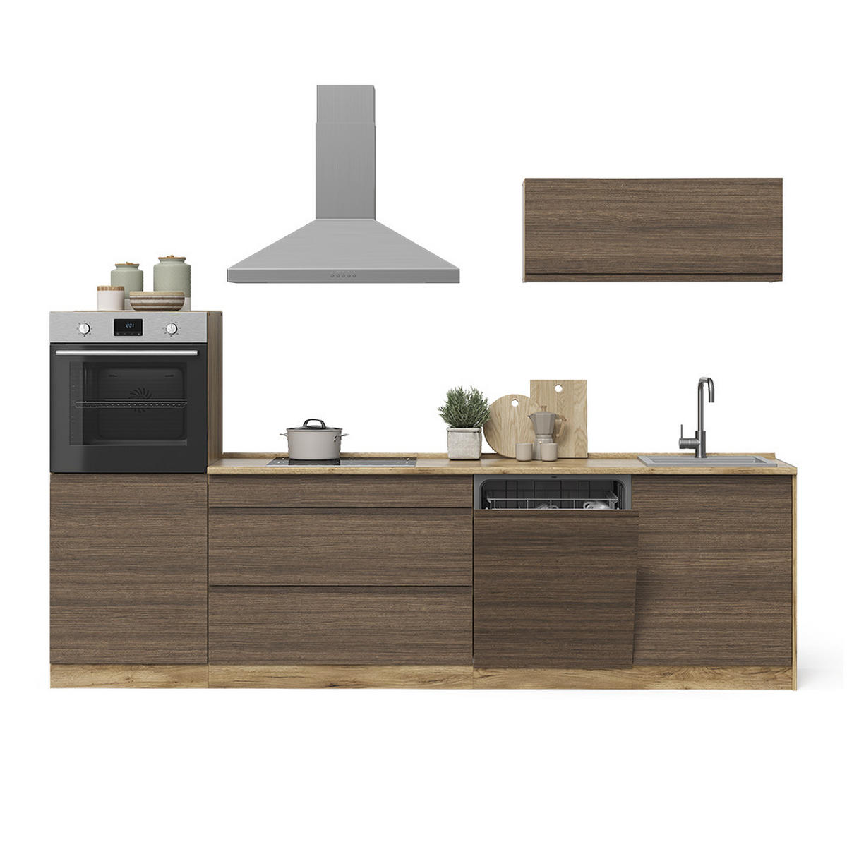 KUHINJSKI BLOK R-Line, Tobak in oreh/Zlati hrast z močjo, 280 cm delovna plošča Satin - barva oreha/barve hrasta, leseni material (280/143/60cm) - Vicco