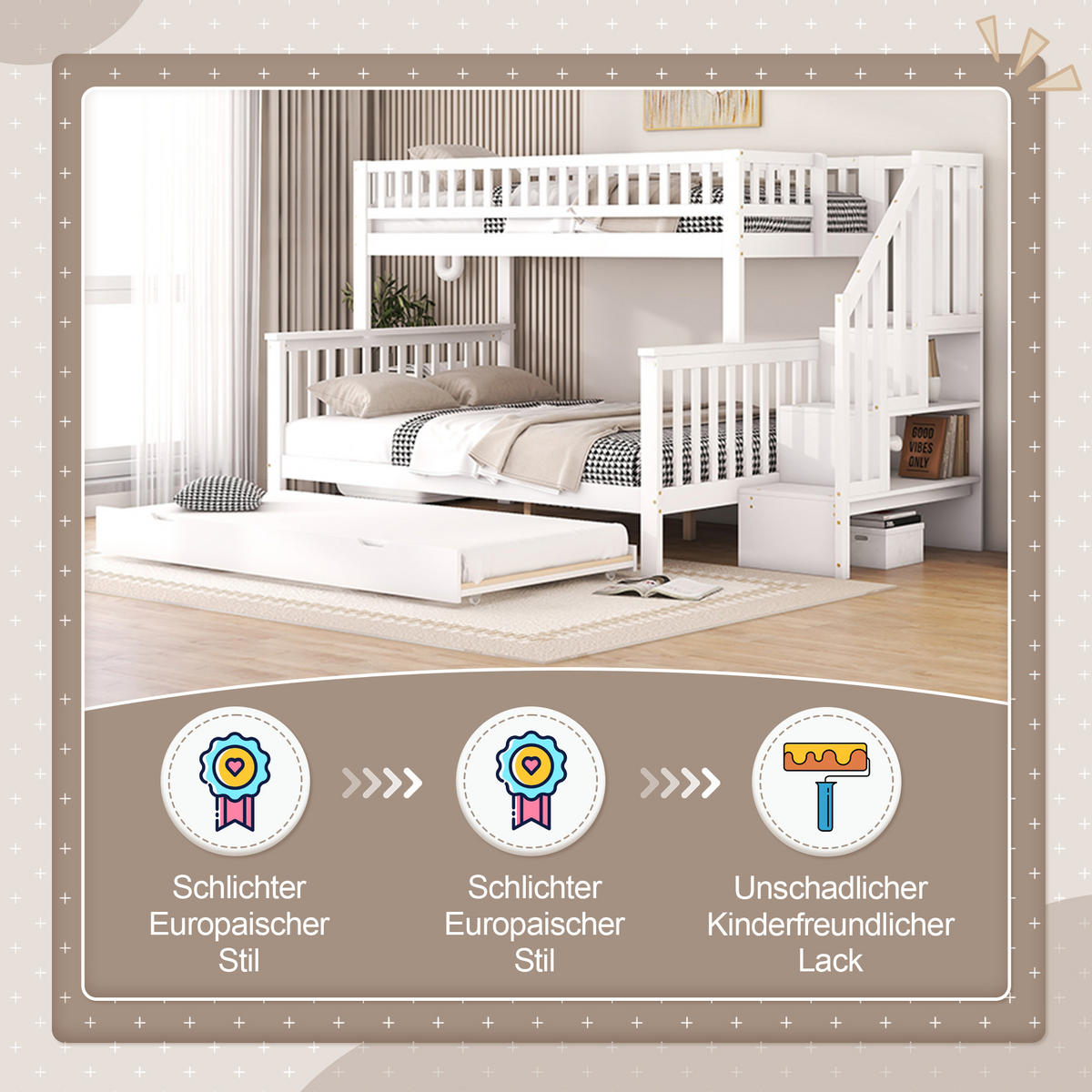 ETAGENBETT 90/200/140/200 cm Weiß mit Rollbett und Treppe - Weiß, Holz (90/200cm) - OKWISH