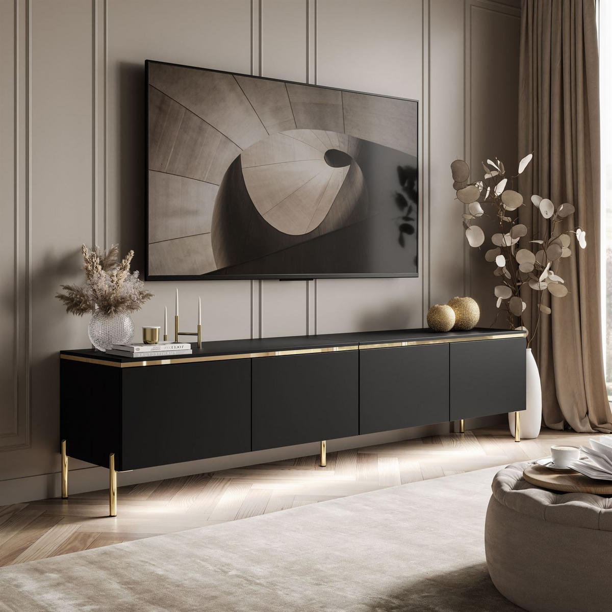 TV-SCHRANK CELINE 200 cm schwarz matt auf gerade goldenen Füßen - Schwarz, Holzwerkstoff (200/49/40cm) - Lookway