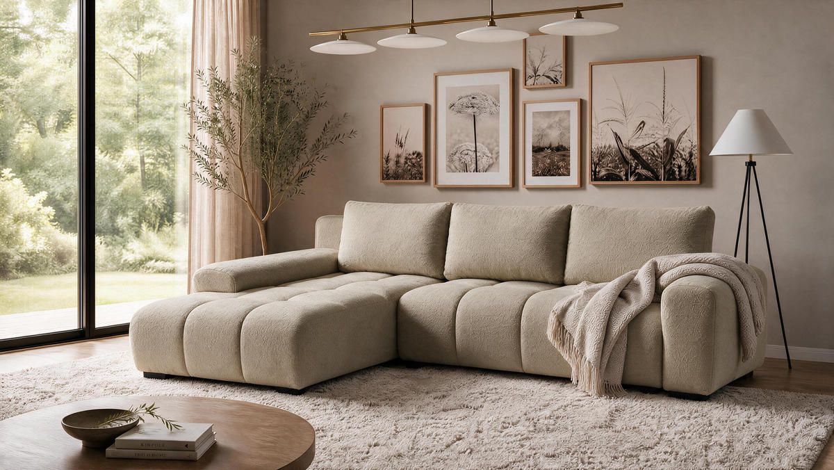 ECKSOFA Ovia mit Bettkasten und Schlaffunktion, Bouclé-Stoff in L-Form - Cappuccino, Textil (270/185cm)