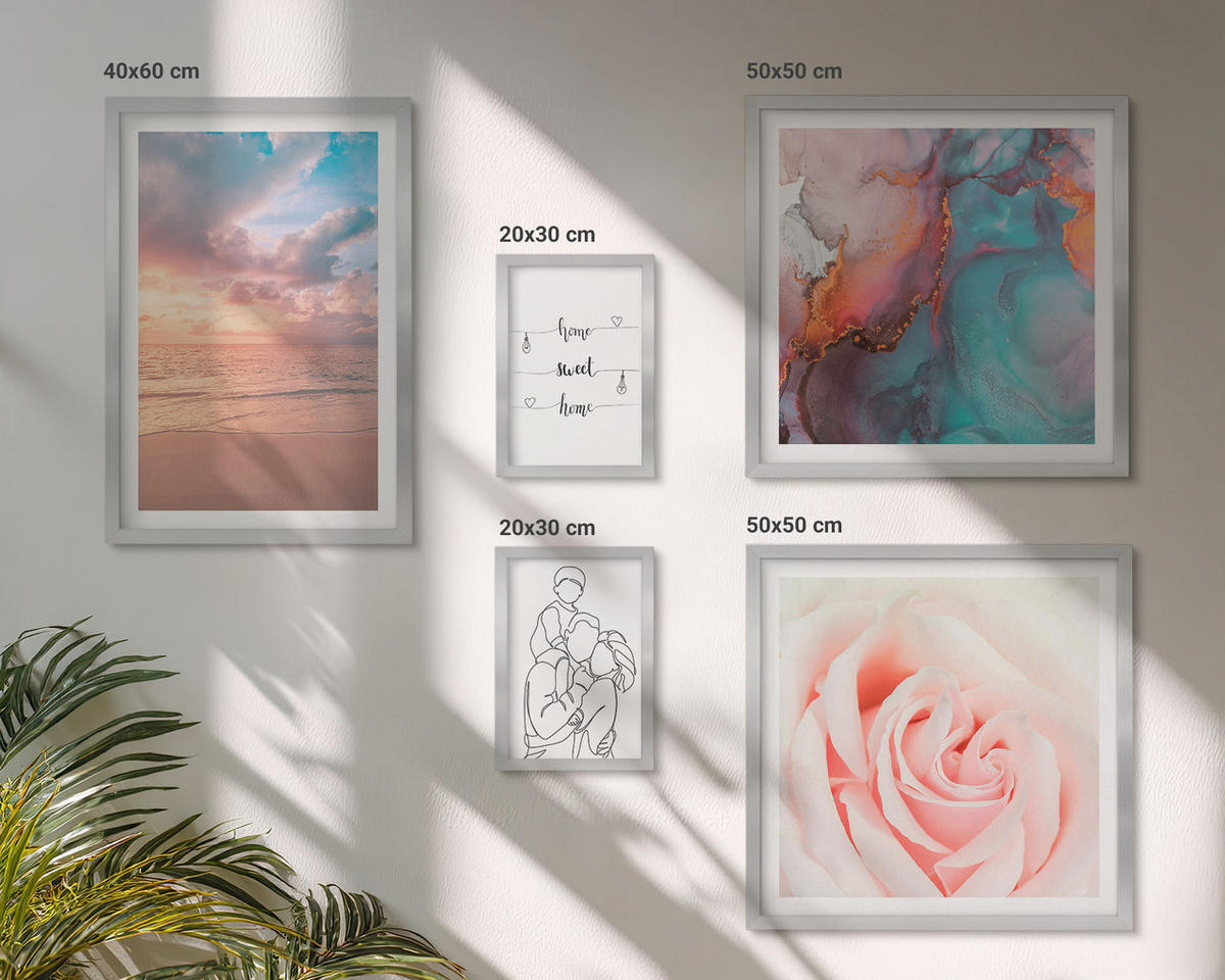 BILDER SET 5er Set - 50x50 cm & 20x30 cm & 40x60 cm Silberner Rahmen - Blumenfamilie minimalistisch - Silberfarben, Kunststoff (40/60cm) - TULUP