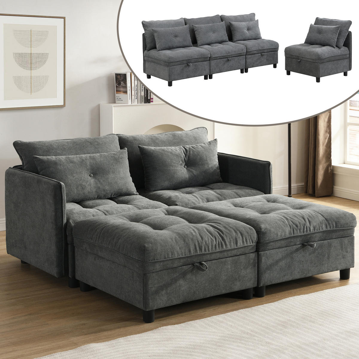 4-SITZER Sofa 274/76/87 cm Antique Gray aus Foam mit Schlaffunktion - Dunkelgrau, Kunststoff (76/87/274cm) - OKMYHOME