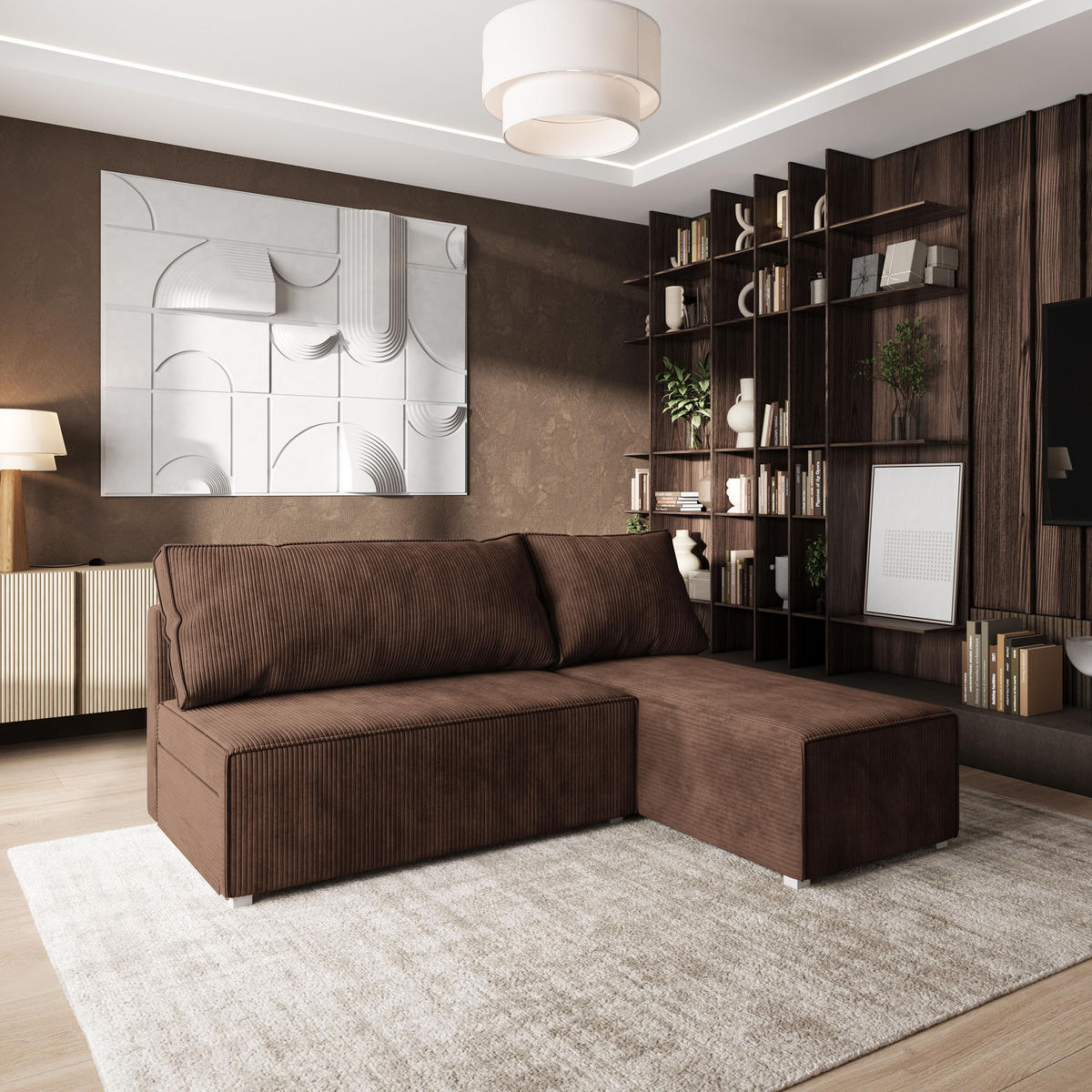 ROHOVÁ SEDAČKA BRISO hnědá - šedá/hnědá, dřevo/textil (200/140cm) - MASSENO